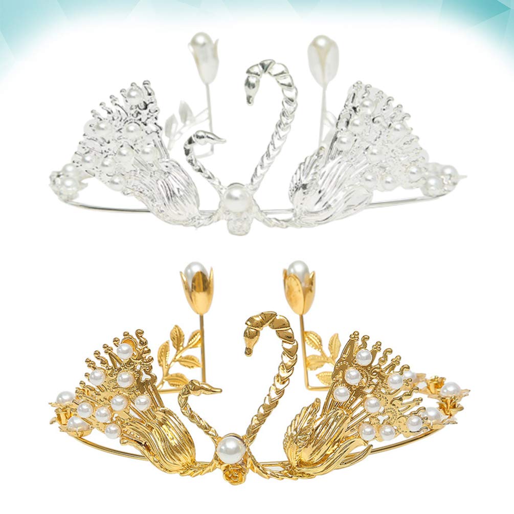 2PCS Rhinestone Tiara Swan Cupcake Toppers - Crystal Wedding Cake Decorations for Engagement, Anniversary & Birthday Parties - Elegant Pearl & Gold Trim Bride Princess Accessories (Perfect for Wedding Cakes, Bridal Showers, Birthday Celebrations & Special Events)