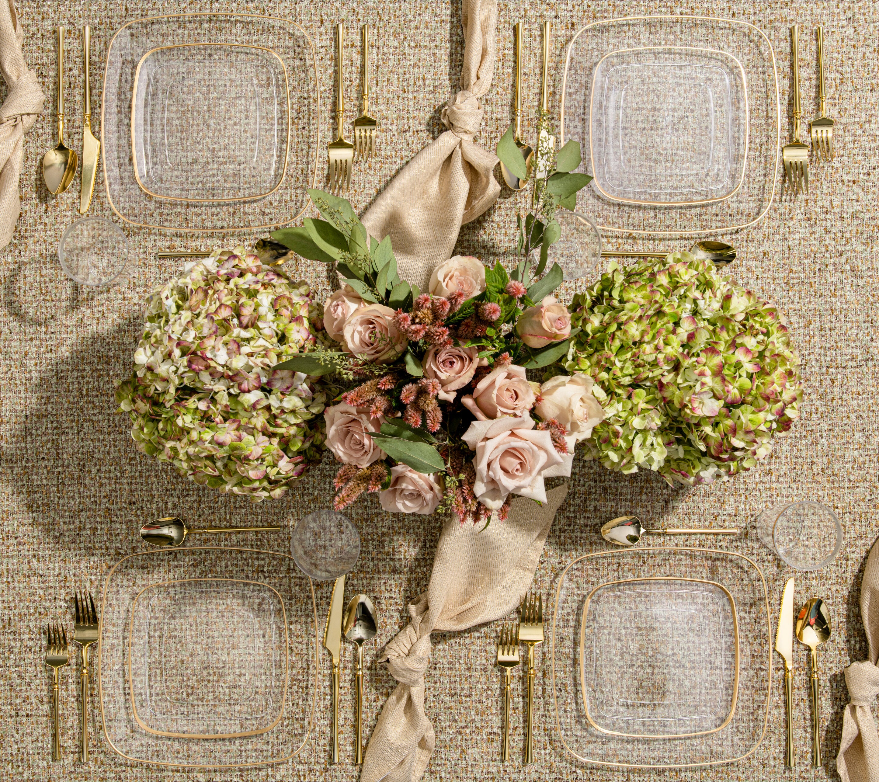 Clear and Gold Plastic Party Bundle - Classic Square Plates, Cups, and Cutlery Set for Birthday, Wedding, and Holiday Celebrations - Perfect for Festive Gatherings and Special Events