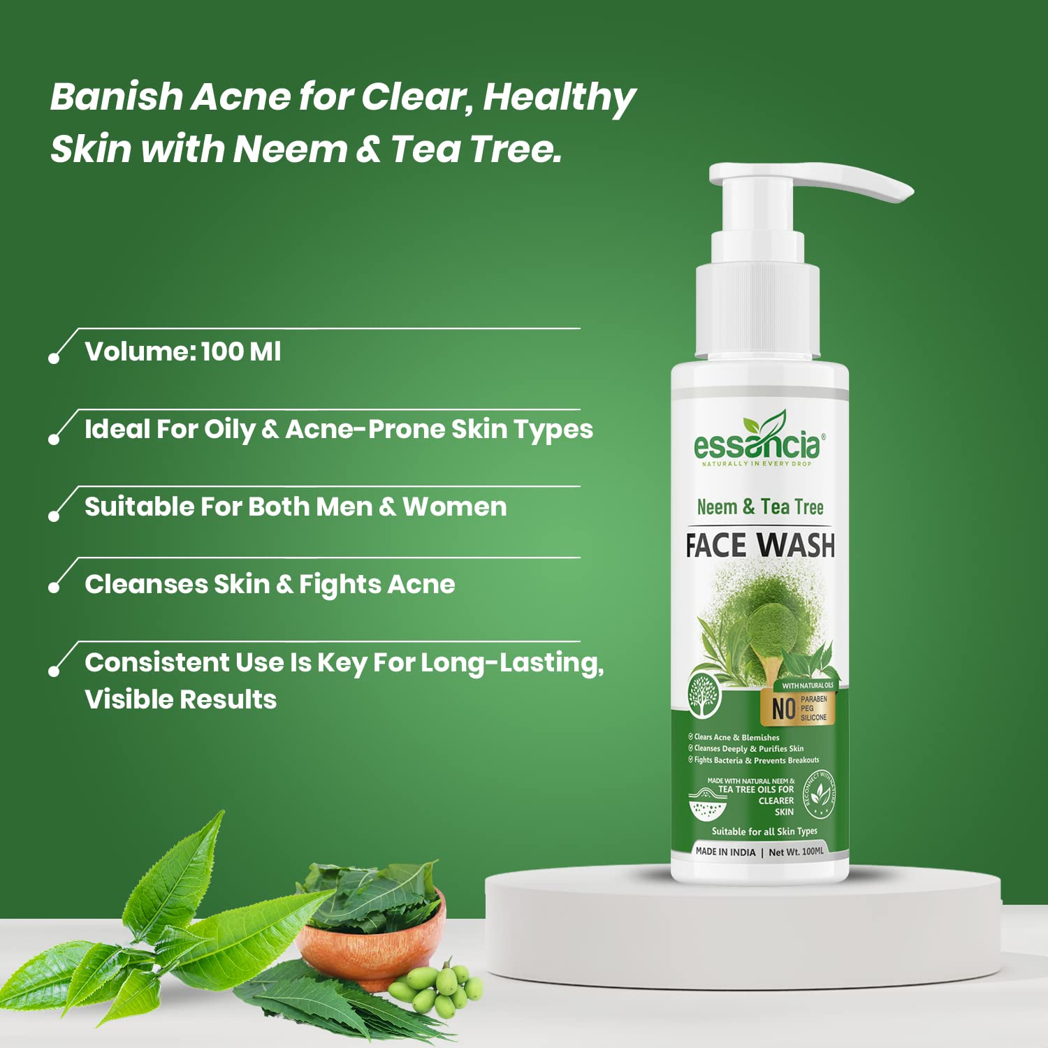 Essancia Neem & Tea Tree Face Wash for Acne-Prone Skin - 100ml Deep Cleansing & Purifying Formula | Paraben-Free, Silicone-Free | Men & Women | Daily Skincare Routine & Post-Workout Refresh