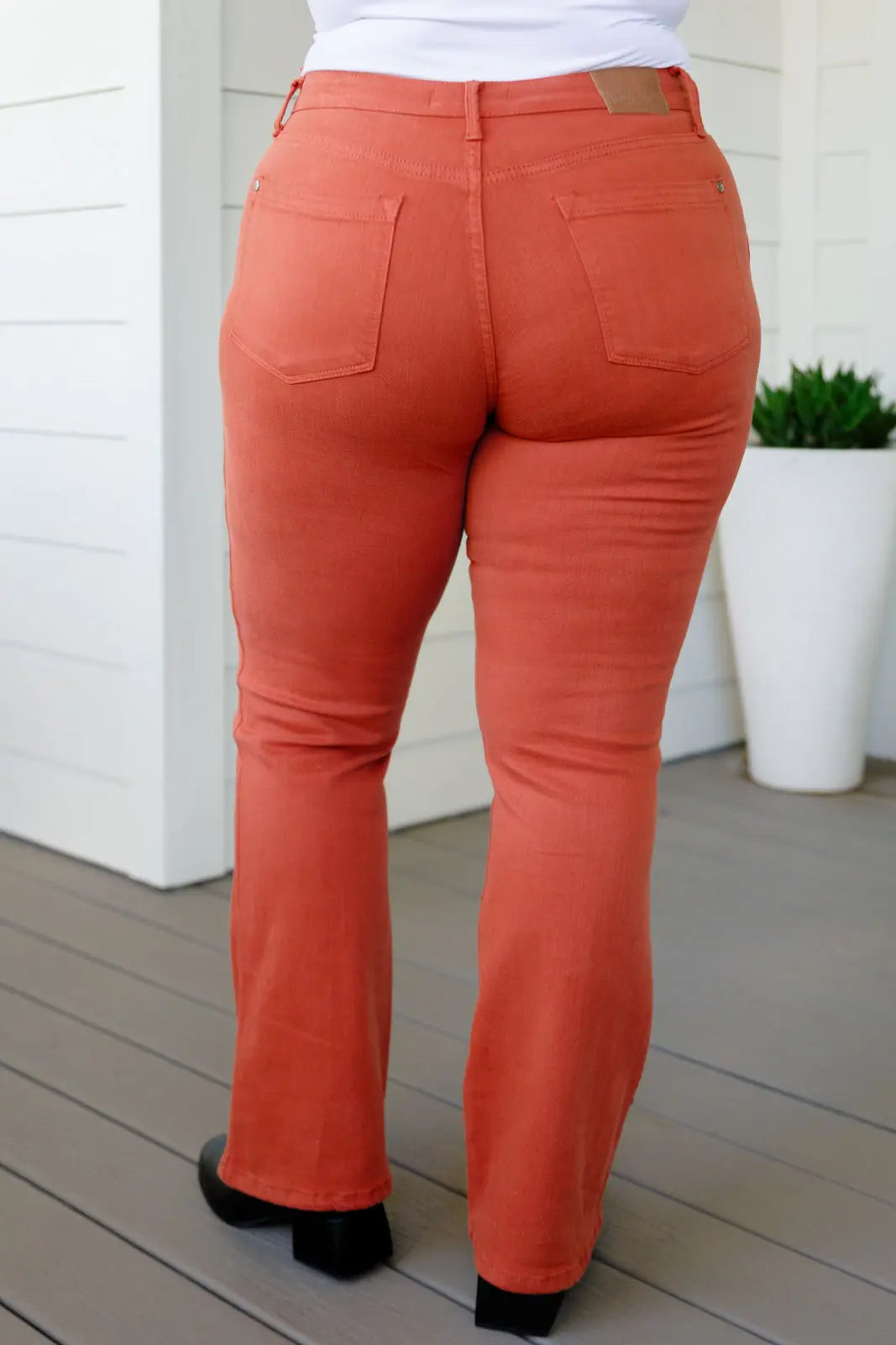 Stylish Autumn Mid Rise Slim Bootcut Jeans in Terracotta - Women's Casual Fall Pants for Work, Date Night & Weekend Outfits