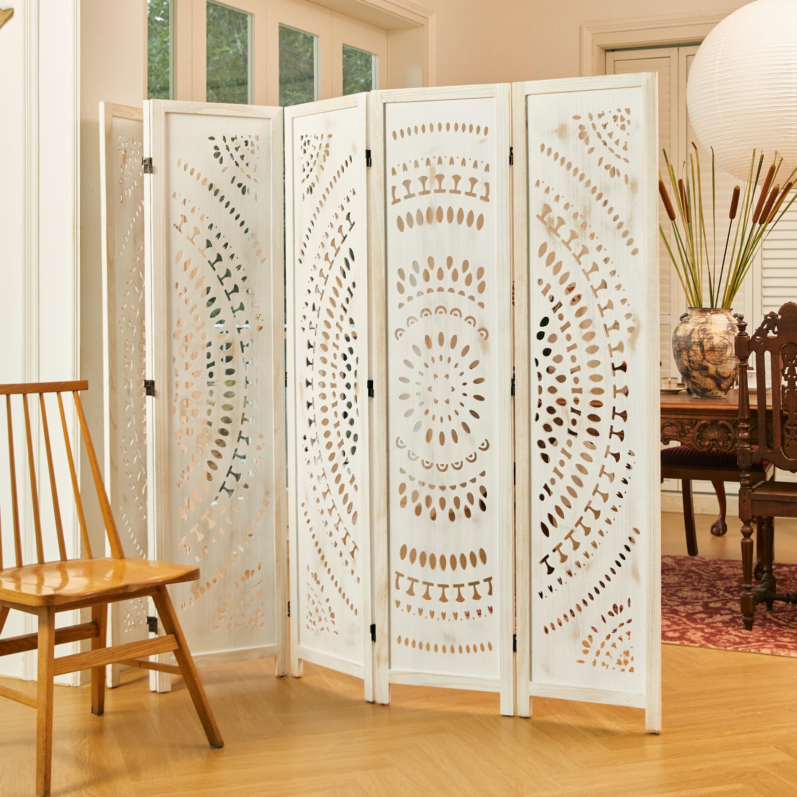 66.9 Inch Folding Room Divider Screen - 6 Panel Wood Carved Privacy Partition for Home, Office, Restaurant & Bedroom - Freestanding & Easy to Assemble (White-Washed) | Perfect for Creating Private Spaces & Room Separation