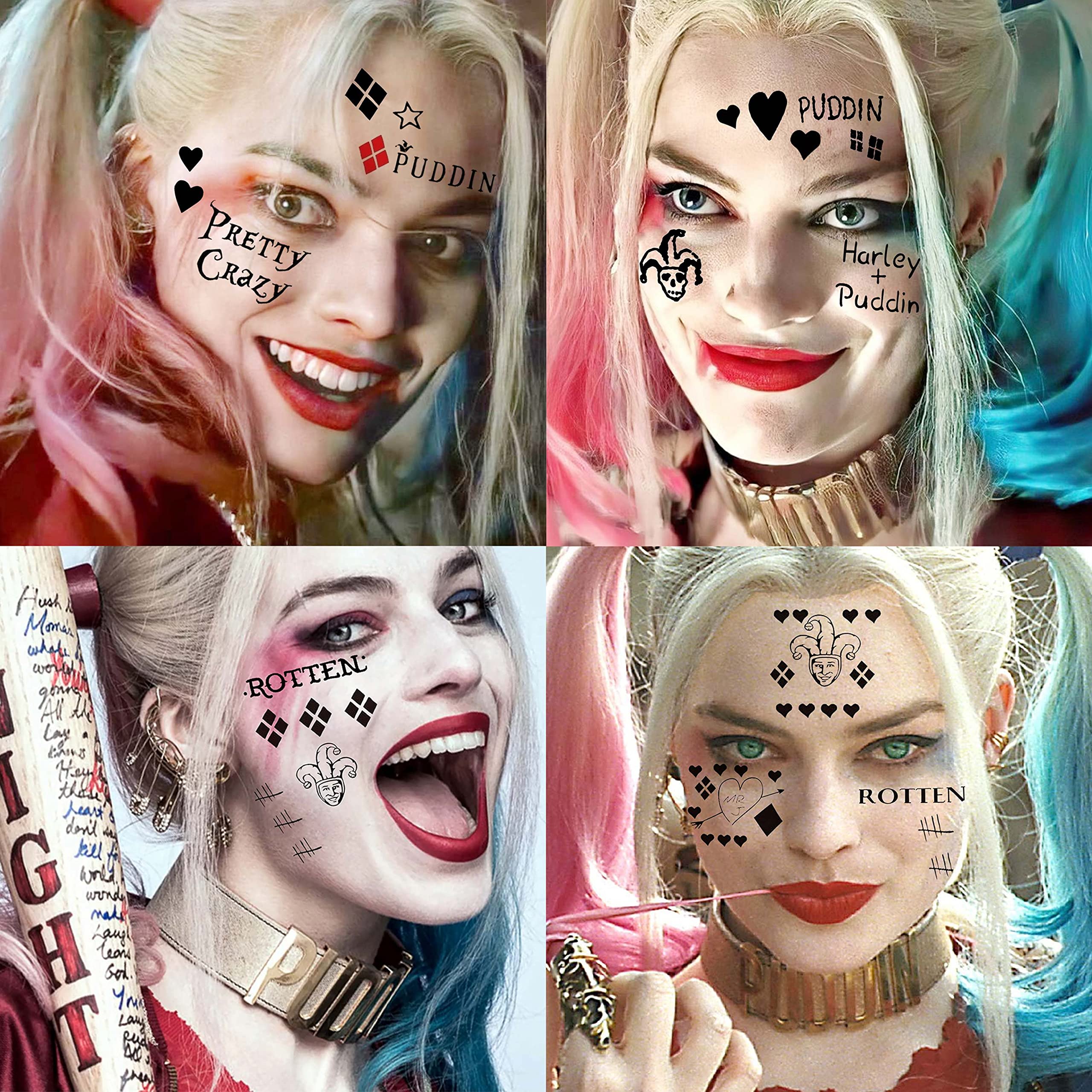 Premium 5-Pack Temporary Tattoos for Women & Adults - Halloween Makeup Kit with Joker Face Designs | Costume Party Accessories, Gothic Prisoner & Rapper Fake Tattoo Stickers for Halloween, Cosplay, Themed Parties & Festive Events