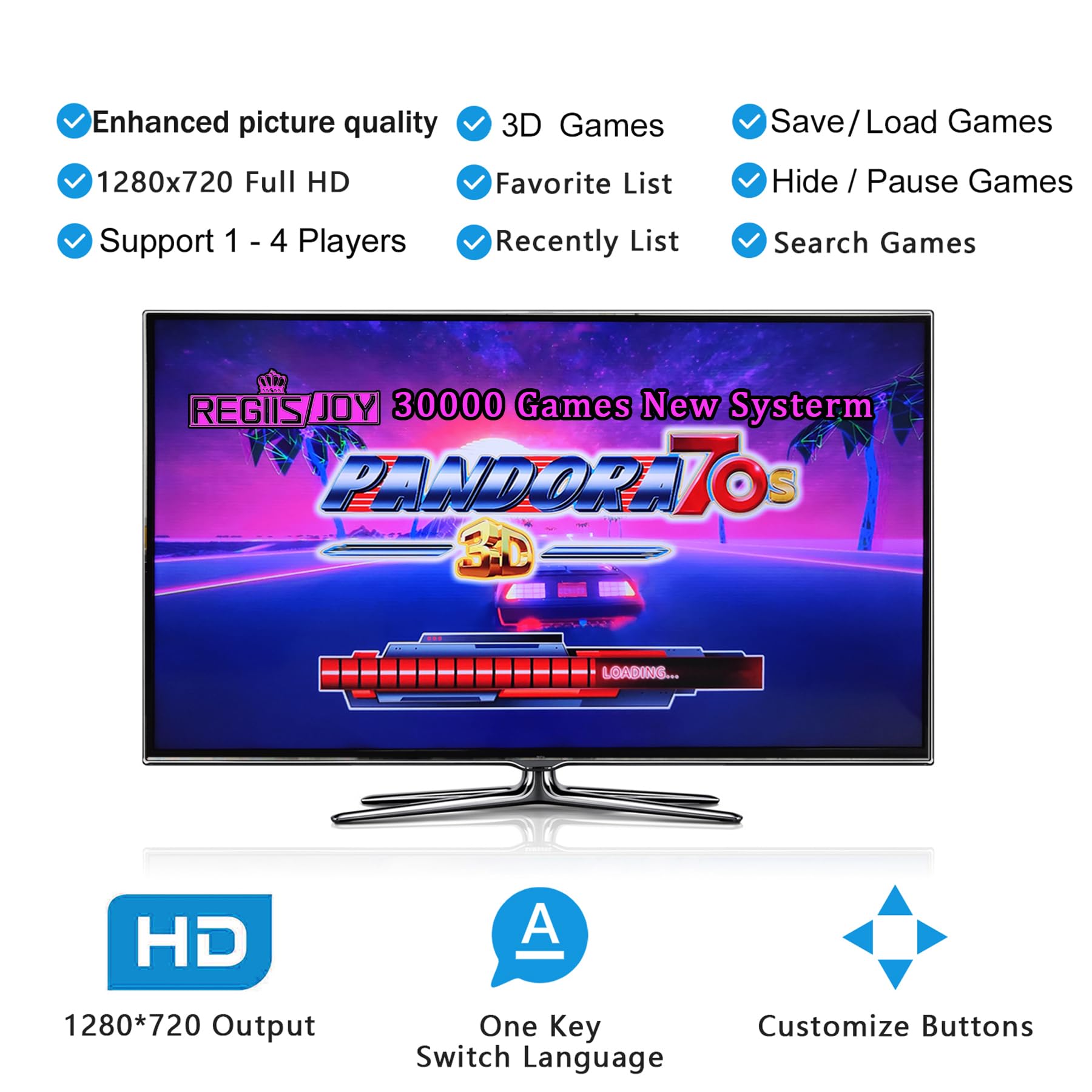 RegiisJoy Pandora's Box 70S Arcade Game Console - 30,000 in 1 Retro Gaming System for PC, TV & Projector | 2-4 Player Multiplayer | 1280x720 HD | 3D Games with Search/Save/Load Features | Perfect for Family Game Nights & Retro Gaming Parties