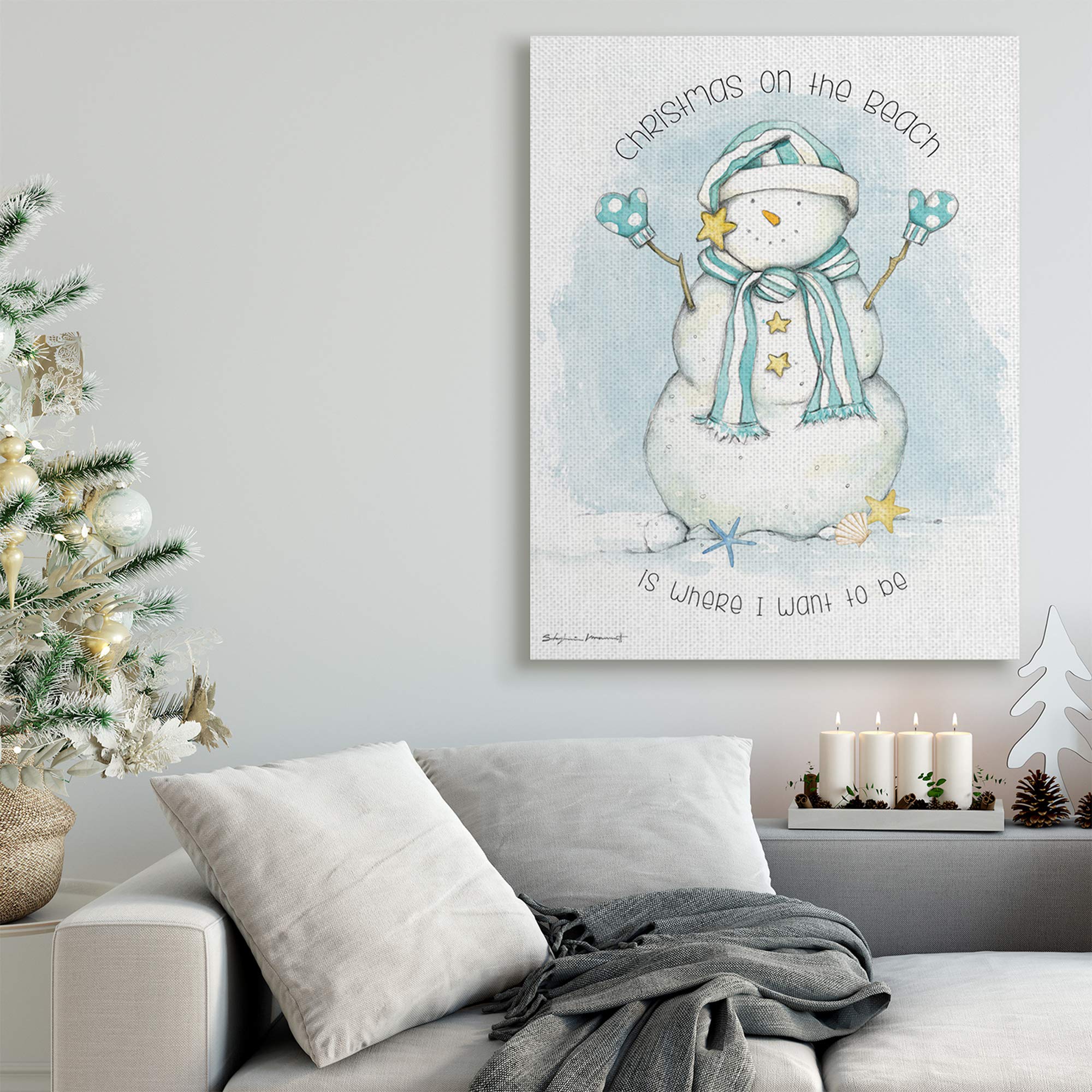 Stupell Industries Christmas On the Beach Nautical Snowman Wall Art - Coastal Holiday Decor for Living Room, Bedroom & Office