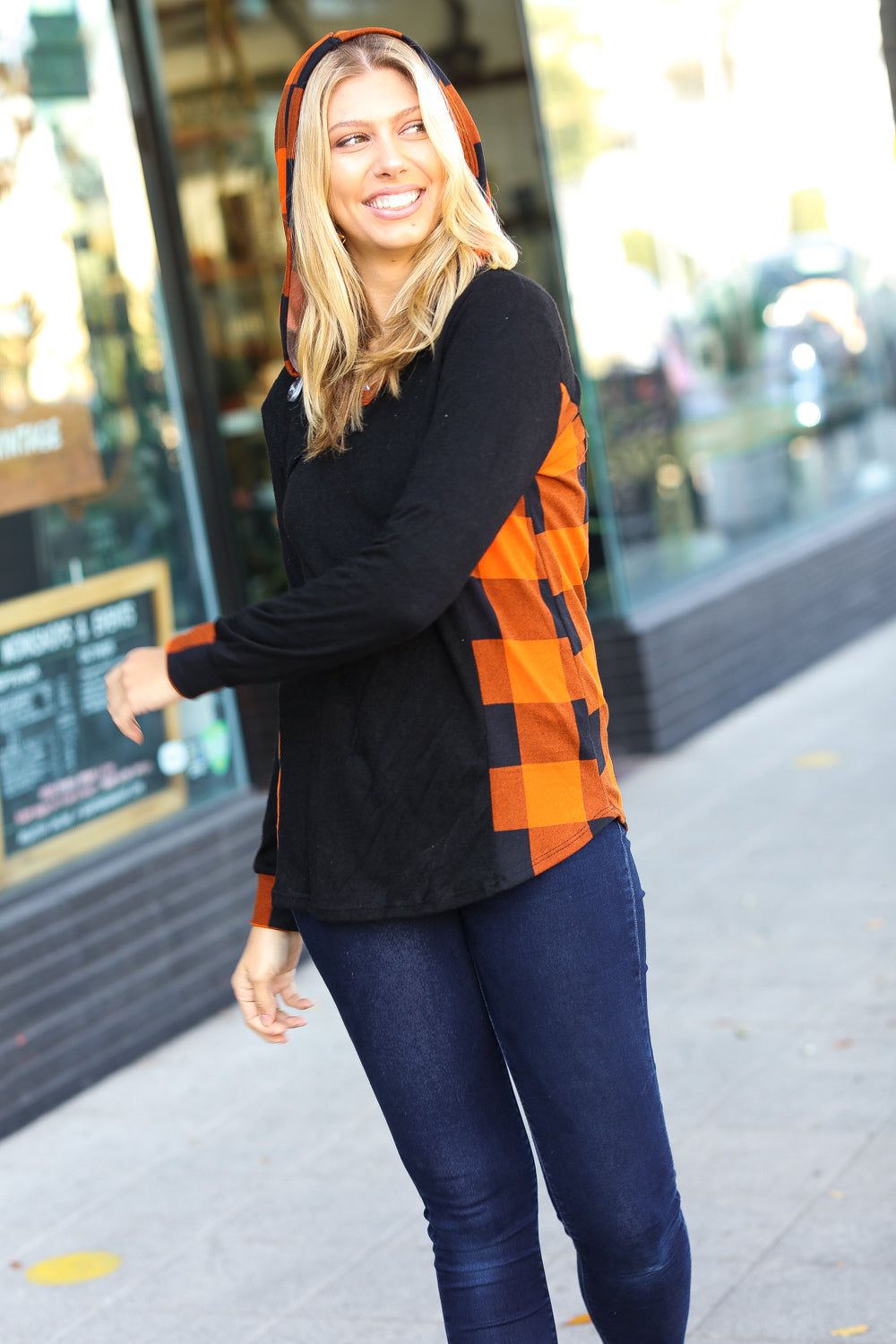 Black & Rust Plaid Hacci Knit Hoodie for Women - Cozy Fall Winter Pullover Sweatshirt - Casual Streetwear Outfit for Daily Wear, Travel & Outdoor Activities