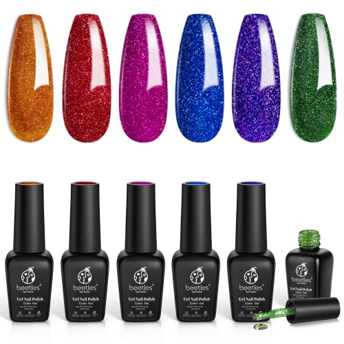 Beetles Glitter Gel Nail Polish Set - 6PCS Sparkly Shiny Nail Polish Kit with Green, Red, Purple & Blue Colors | Soak Off LED Lamp Cured | Perfect for Nail Art, DIY Manicures & Gifts for Women | Salon Quality & Long Lasting Wear