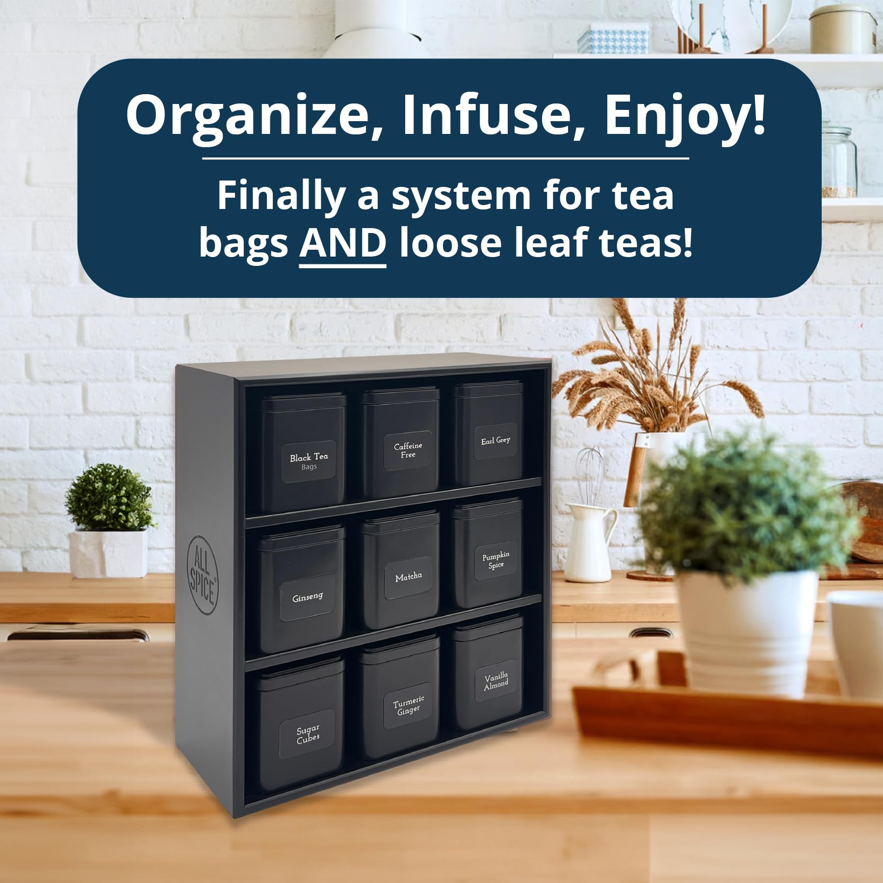 Premium AllSpice Tea Organizer Rack with 9 Airtight Tins & 160 Magnetic Labels - Perfect for Bagged & Loose Leaf Tea Storage - Black - Ideal for Kitchen Countertop & Pantry Organization
