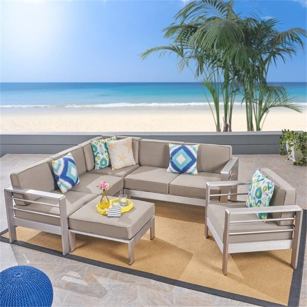 Noble House Cape Coral 5-Piece Outdoor Aluminum Sectional Sofa Set in Silver - Patio Furniture for Backyard, Poolside & Garden Relaxation