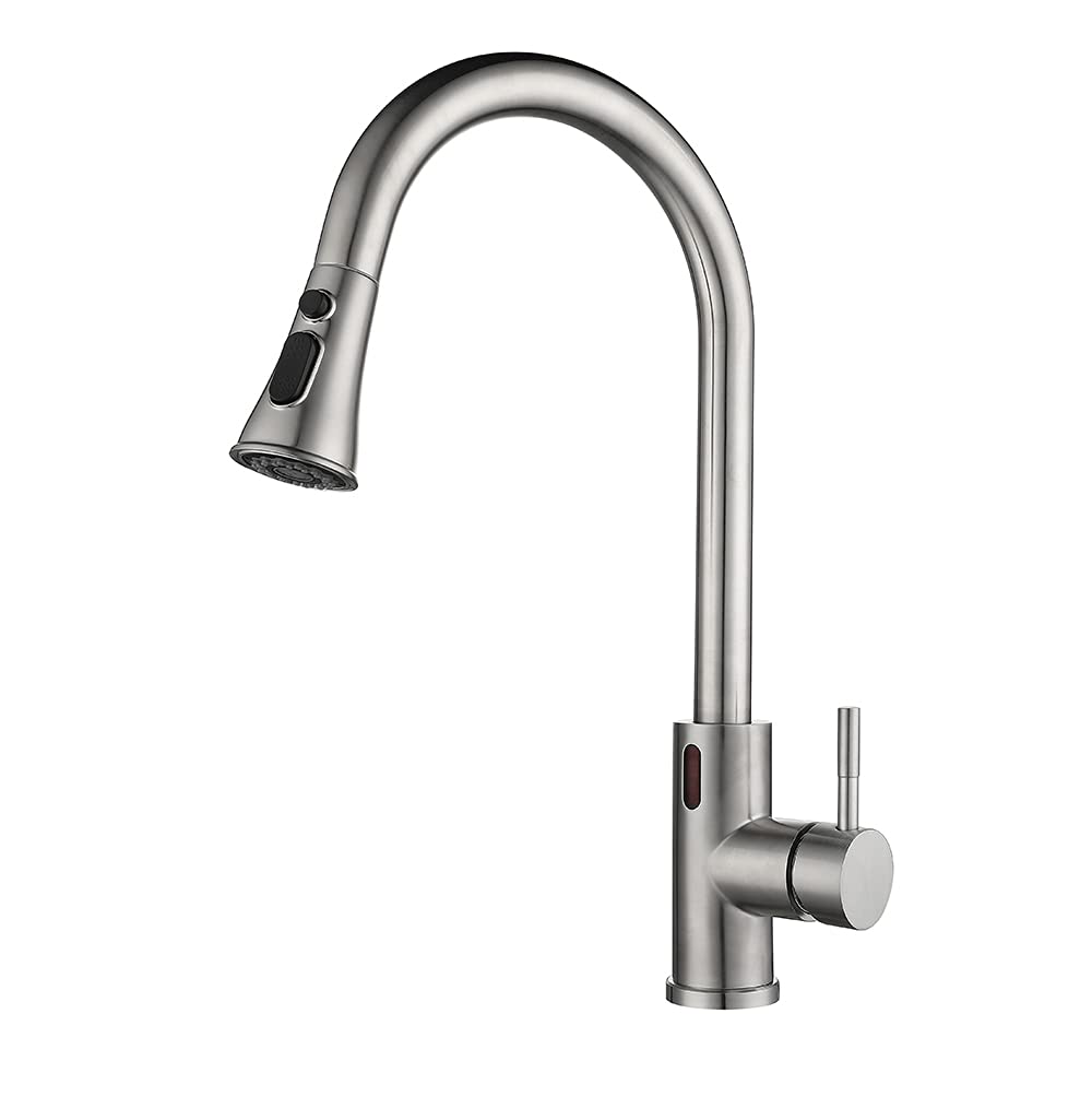 Touchless Pull Down Kitchen Faucet with Pull Out Sprayer, Single Handle Stainless Steel Brushed Nickel Sink Faucet, 2 Water Modes for Modern and Family Kitchens