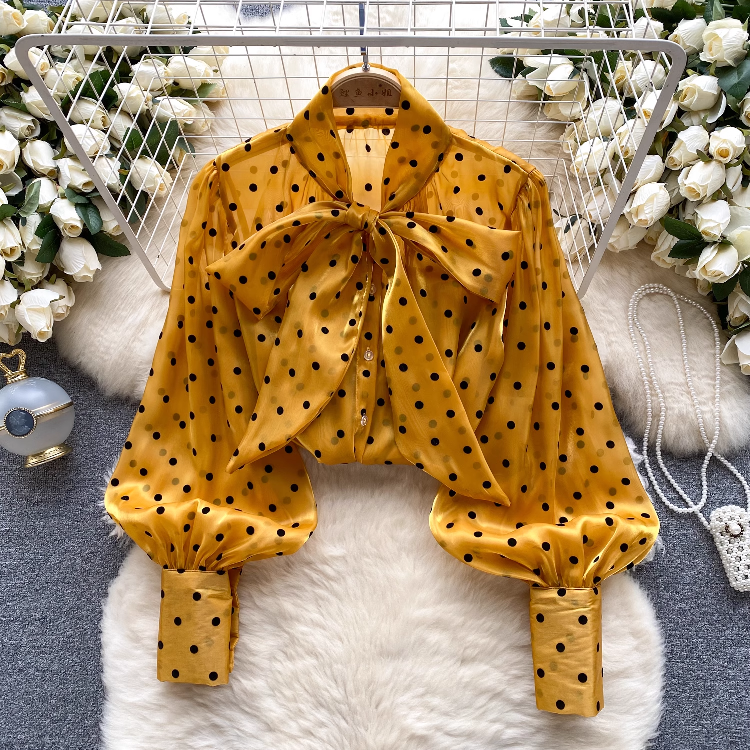 French Style Polka Dot Blouse with Puff Sleeves & Bow Detail - Women's Elegant Casual Top (L12) | Perfect for Office Wear, Date Nights & Spring Outfits