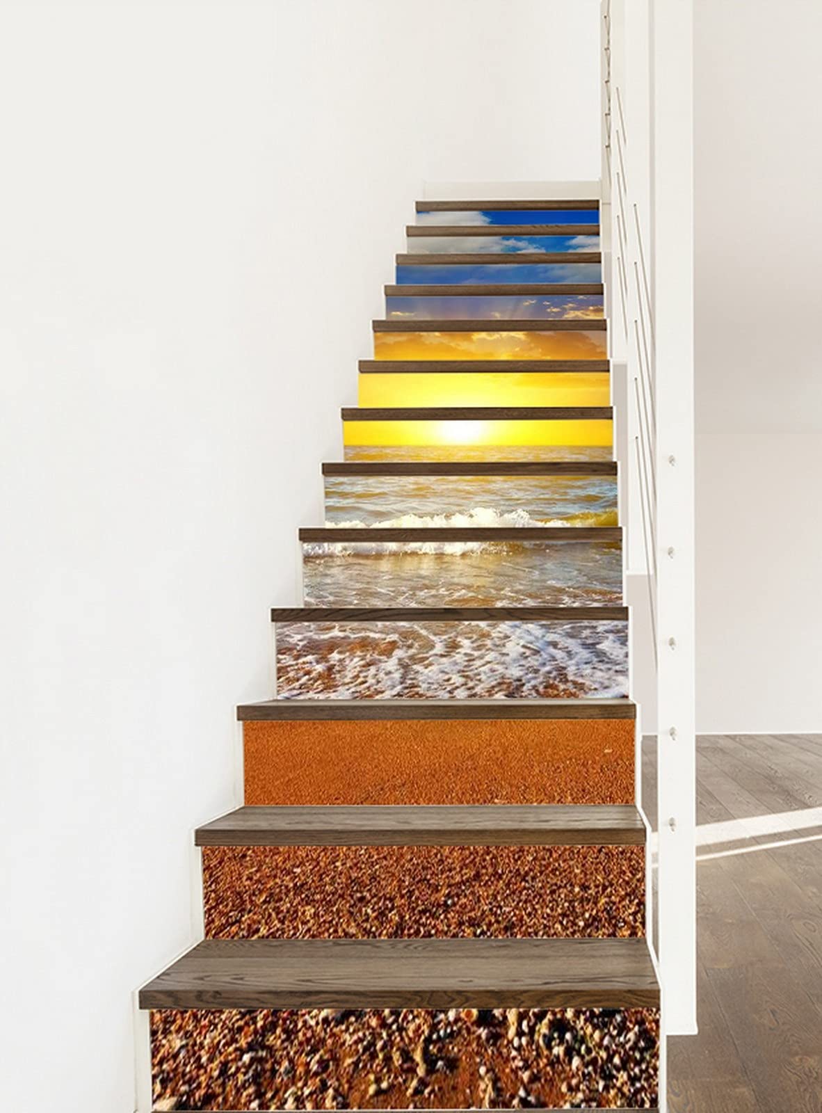 A.Monamour 3D Self-Adhesive Removable Stair Stickers - Sandy Beach, Sunrise Blue, Cloudy Sky & Ocean Sea Nature Vinyl Decals for Stairs, Kitchen Tiles & Walls (13-Piece Set) - Perfect for Home Decor, DIY Projects & Rental Apartment Upgrades
