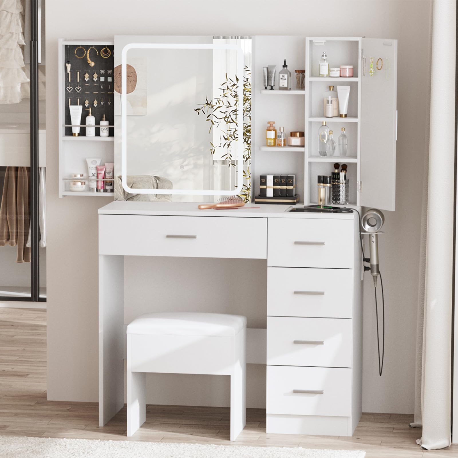 Fameill White Vanity Desk with Mirror and LED Lights - Makeup Dressing Table Set with Power Strip, Sliding Locker & 5 Drawers - 3 Lighting Modes for Bedroom, Dorm or Beauty Salon - Perfect for Makeup Application, Skincare Routine & Jewelry Organization