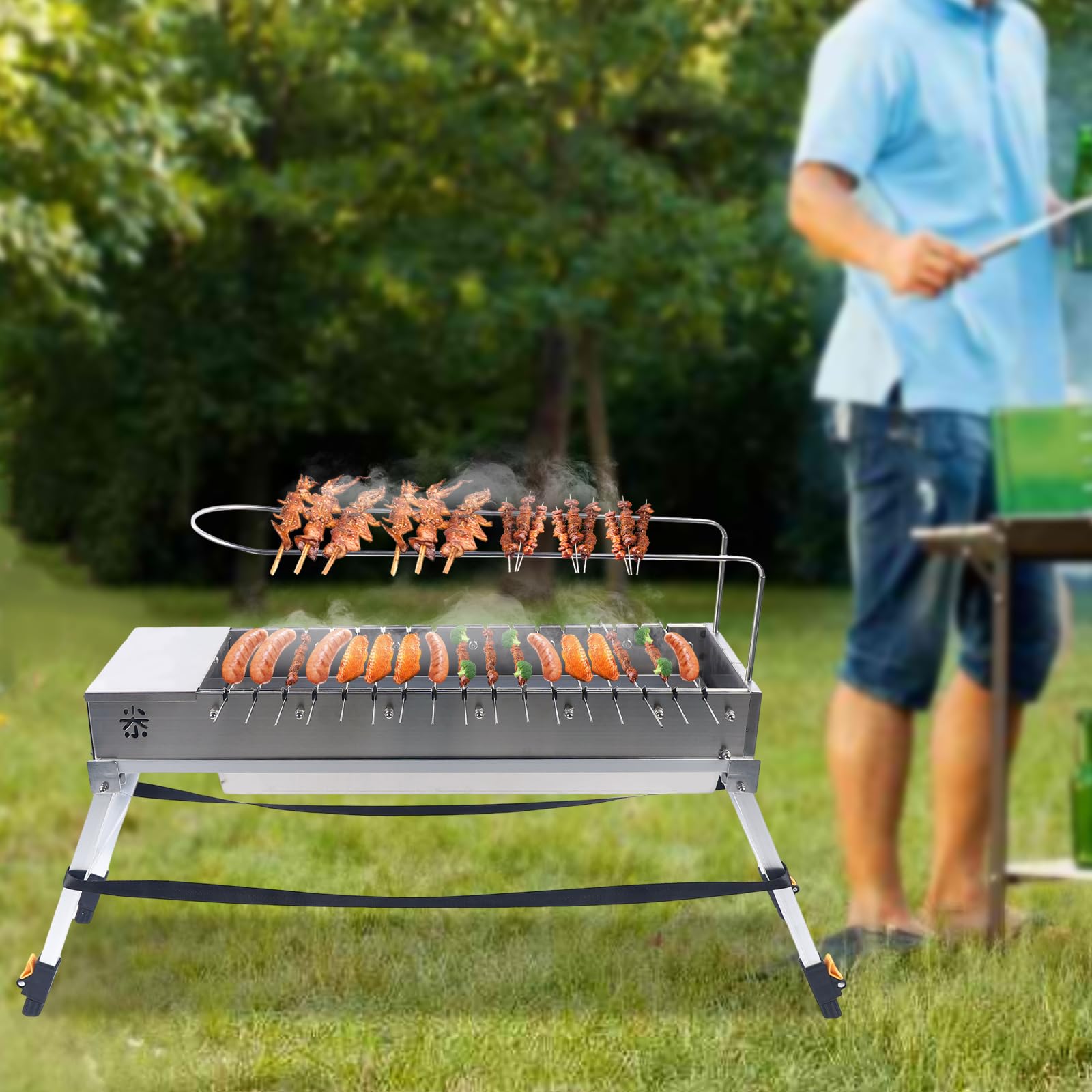 Electric Rotisserie BBQ Grill - Automatic Rotating Stainless Steel USB Grill for Outdoor Cooking, Camping & Picnics | Portable Commercial Charcoal Grill for Backyard, Tailgating & Parties
