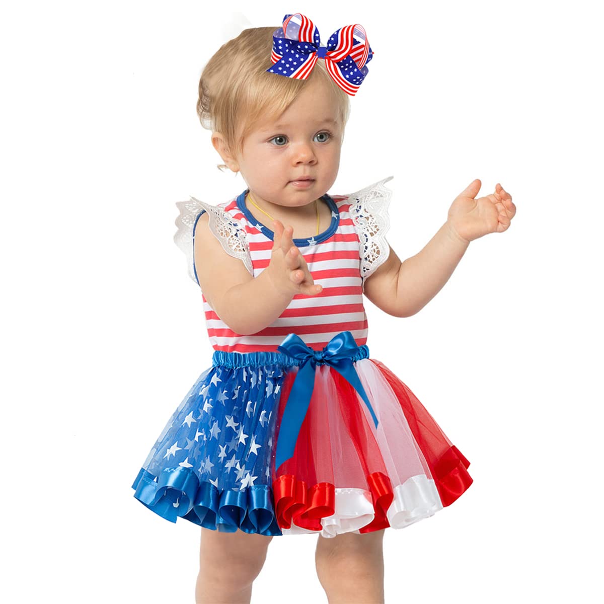 4th of July Girls Patriotic Tutu Skirt Set - Red White Blue US Flag Skirt with Star Necklace & Hair Bows - Perfect for Independence Day Parades, Parties & Photo Shoots