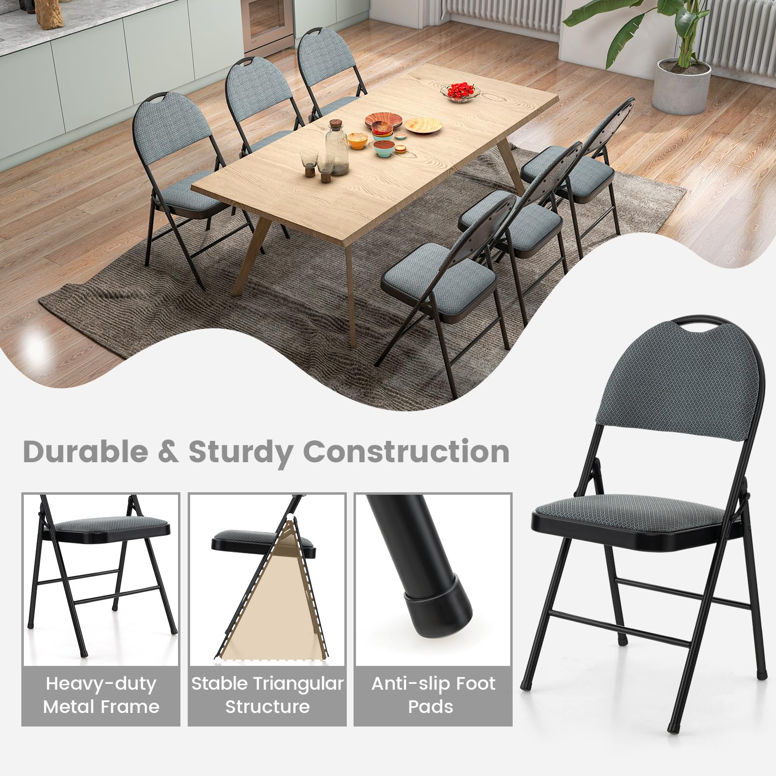 6 Pack Folding Chairs with Padded Seats - Sturdy Steel Frame & Non-Slip Footpads - Portable Stackable Foldable Dining Chairs for Home, Office, Party, Wedding, Camping, and Outdoor Gatherings