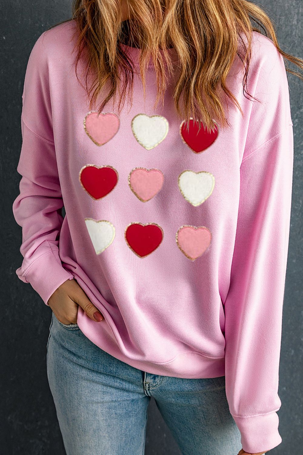 Contrast Heart Long Sleeve Sweatshirt for Women - Soft Cotton Pullover with Embroidered Design | Perfect for Casual Wear, Date Nights & Fall Layering