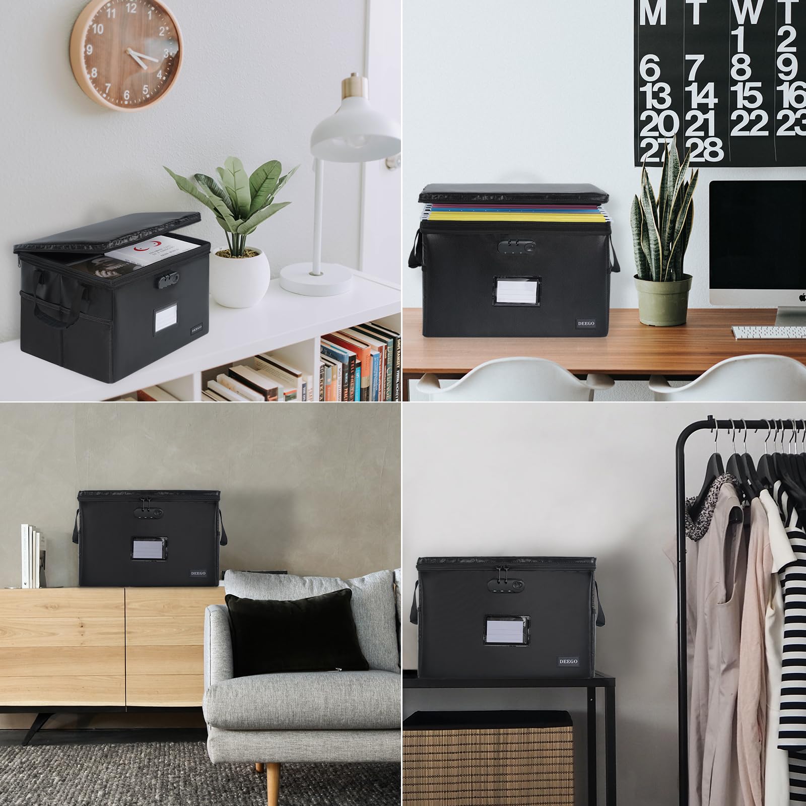 Fireproof and Waterproof Document Storage Box with Lock - Portable Collapsible File Organizer for Home & Office - Secure Hanging Letter/Legal Folder Storage - Ideal for Important Documents, Certificates, and Office Files (Black)