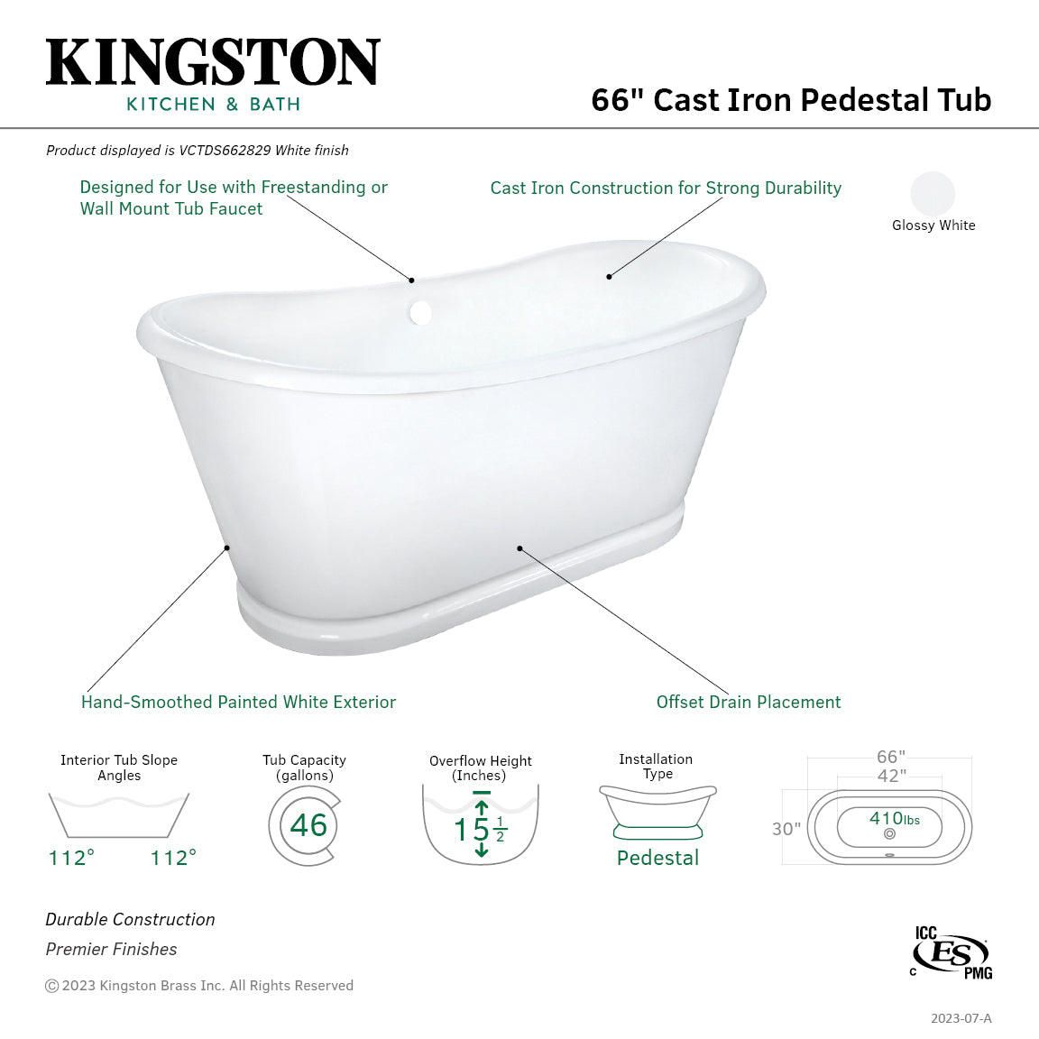 Aqua Eden 66 Inch White Cast Iron Oval Double Slipper Pedestal Bathtub - No Faucet Drillings | Freestanding Soaking Tub for Luxury Bathroom & Spa Retreat