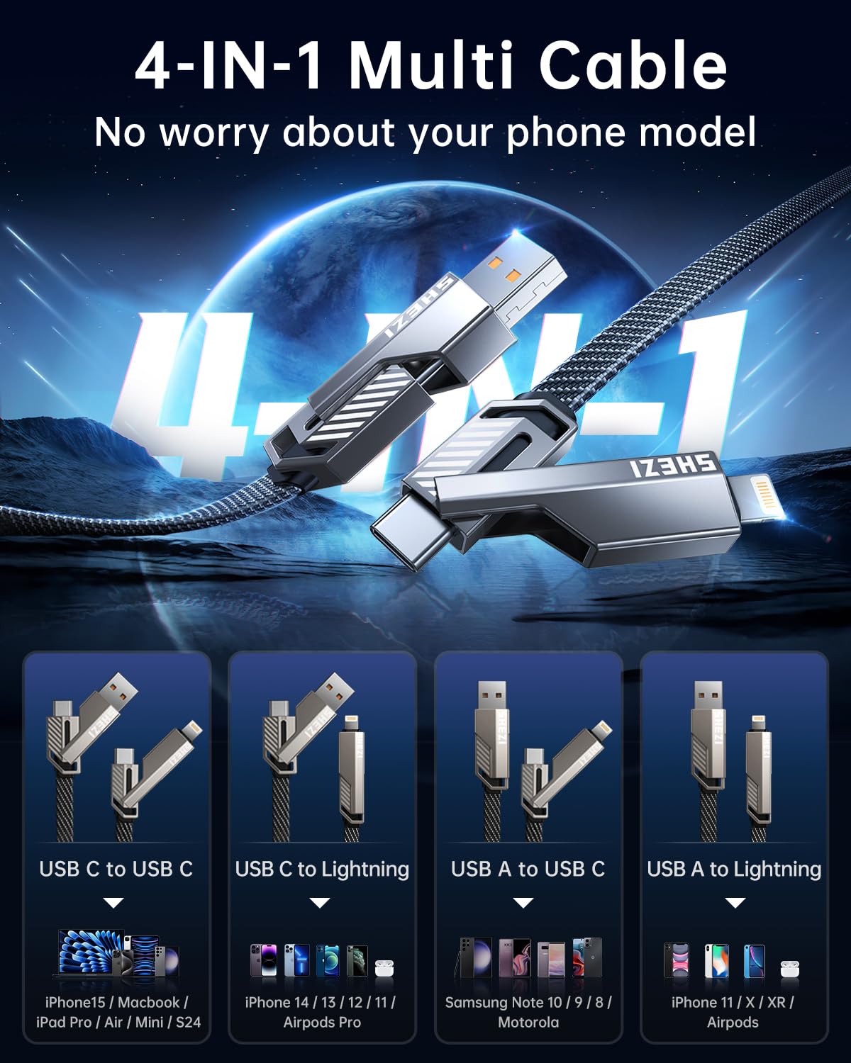4-in-1 Short USB C Cable 0.6FT - MFI Certified Lightning Cable for iPhone iPad [Fast Charging & Data Sync] - Durable Flat Braided Charger Cord with Lightning/USB-C/USB-A Ports - Perfect for Home, Office & Travel Charging Needs