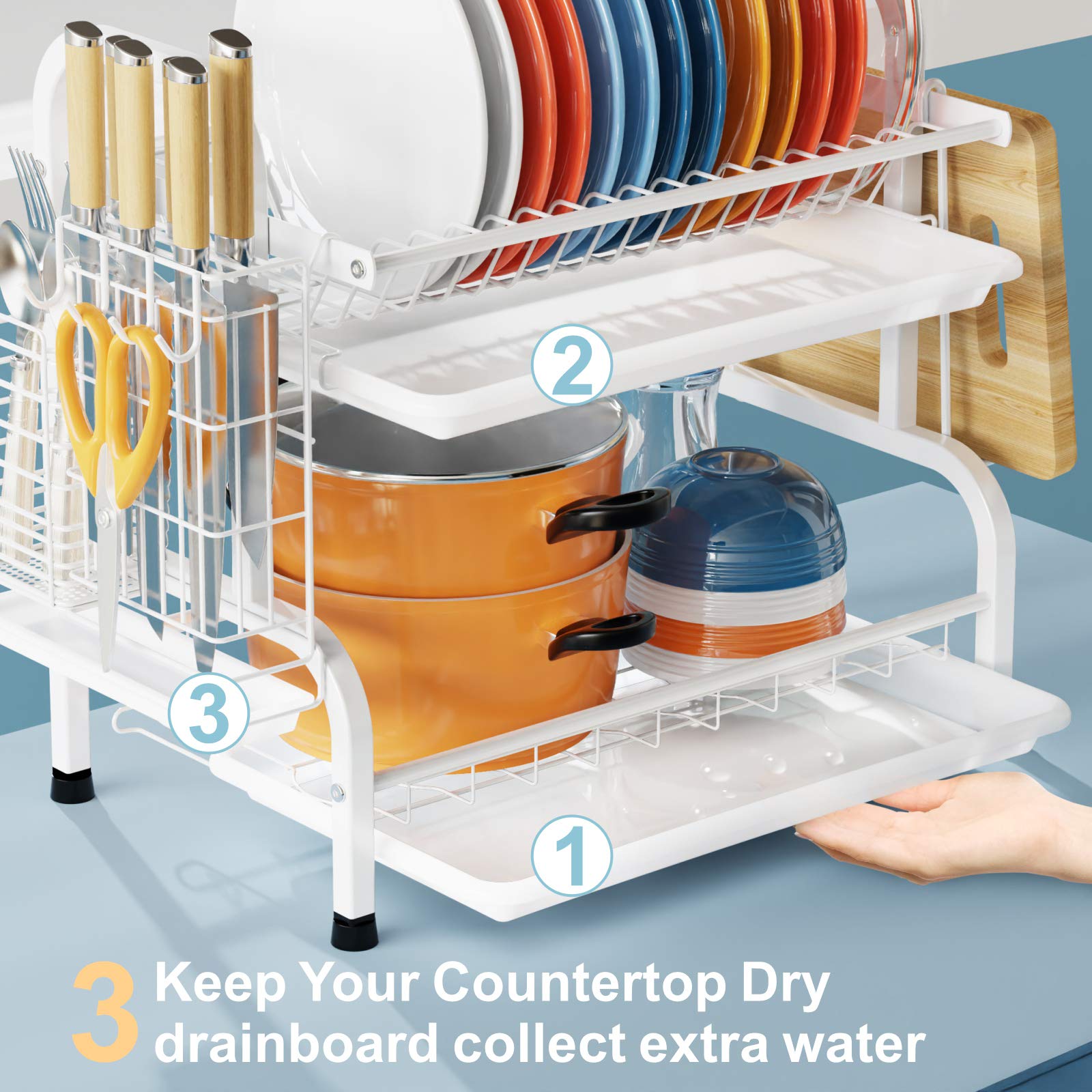 iSPECLE 2-Tier Stainless Steel Dish Drying Rack with Utensil Holder & Cutting Board Storage | Premium 304 Steel Kitchen Counter Organizer | Space-Saving Dish Drainer for Small Kitchens & Apartments