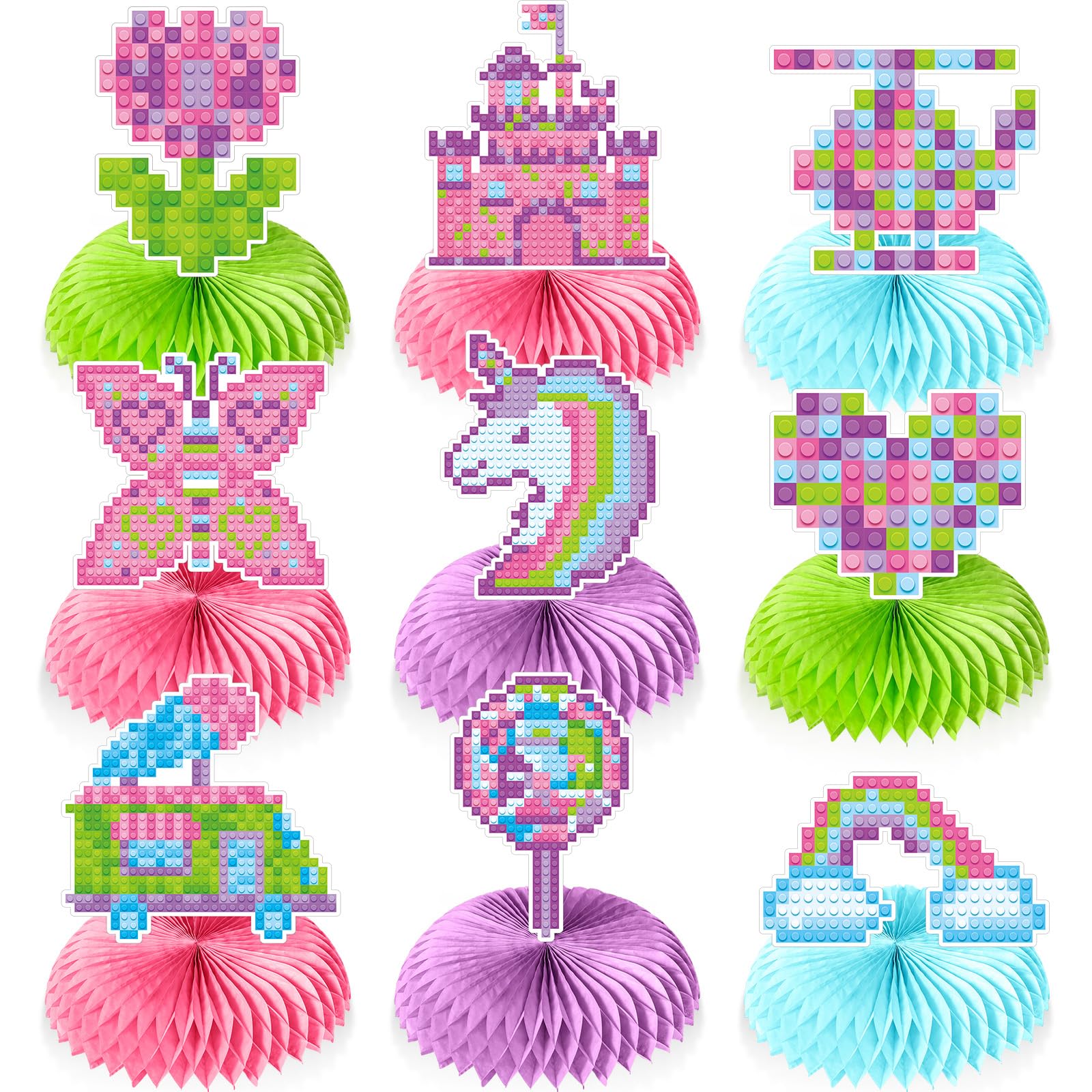 Colarr 9-Piece Pink Honeycomb Building Block Party Set - Girls Birthday Party Decorations, Table Centerpieces, Cake Topper - Perfect for Kids Brick-Themed Birthday Parties, Baby Showers & DIY Decor