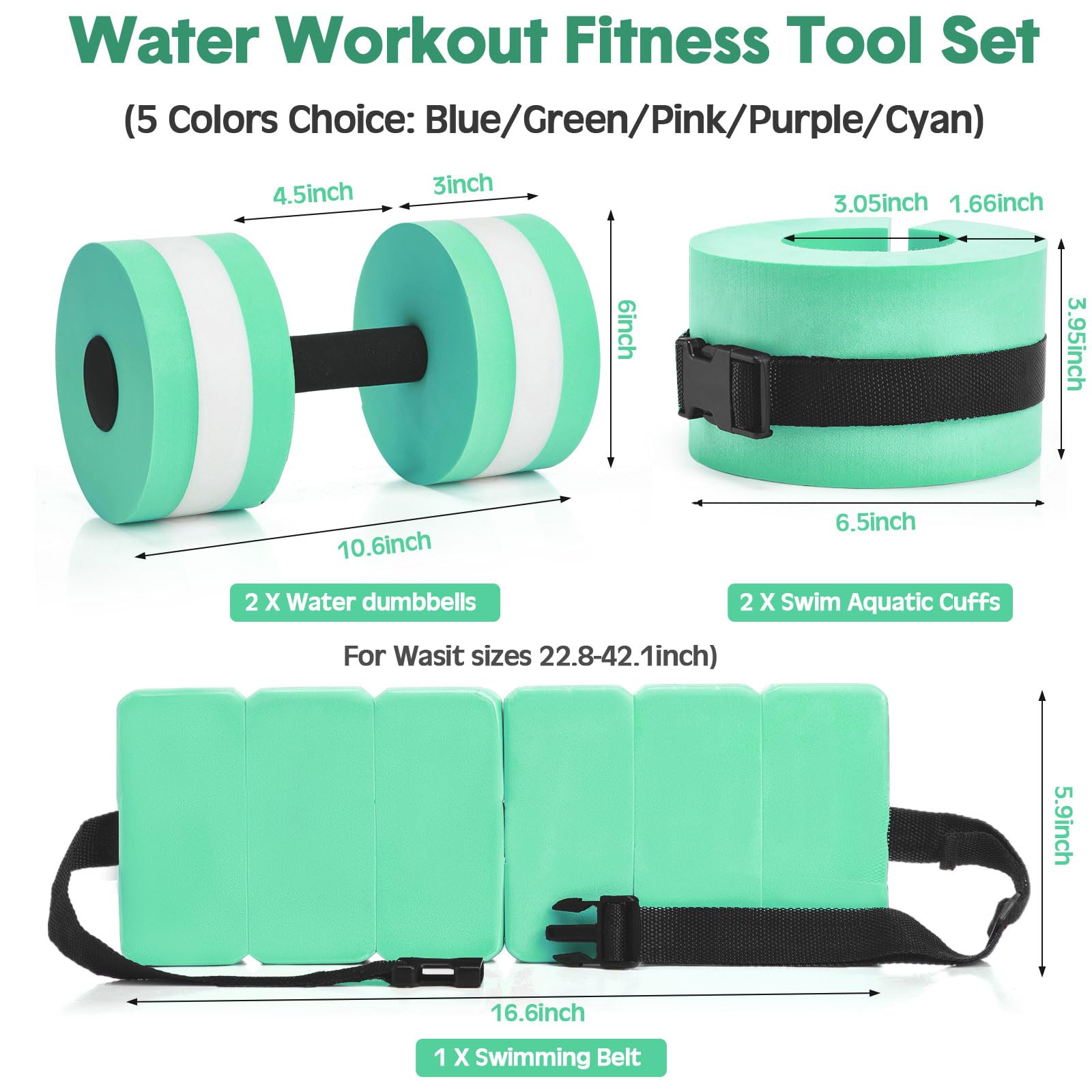 5-Piece Aquatic Exercise Set with 2 Ankle Weights, 2 Water Dumbbells & Swim Belt - Pool Fitness Equipment for Water Aerobics, Hydrotherapy & Low-Impact Workouts