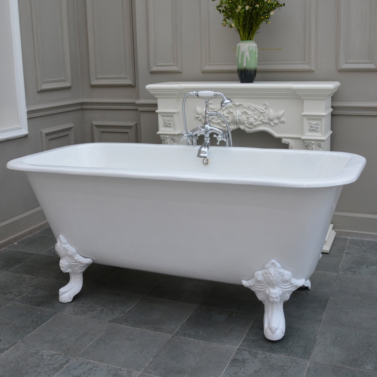 67 Inch White Cast Iron Clawfoot Bathtub - Rectangular Double Ended Freestanding Soaking Tub for Bathroom & Spa Relaxation (No Faucet Drillings)