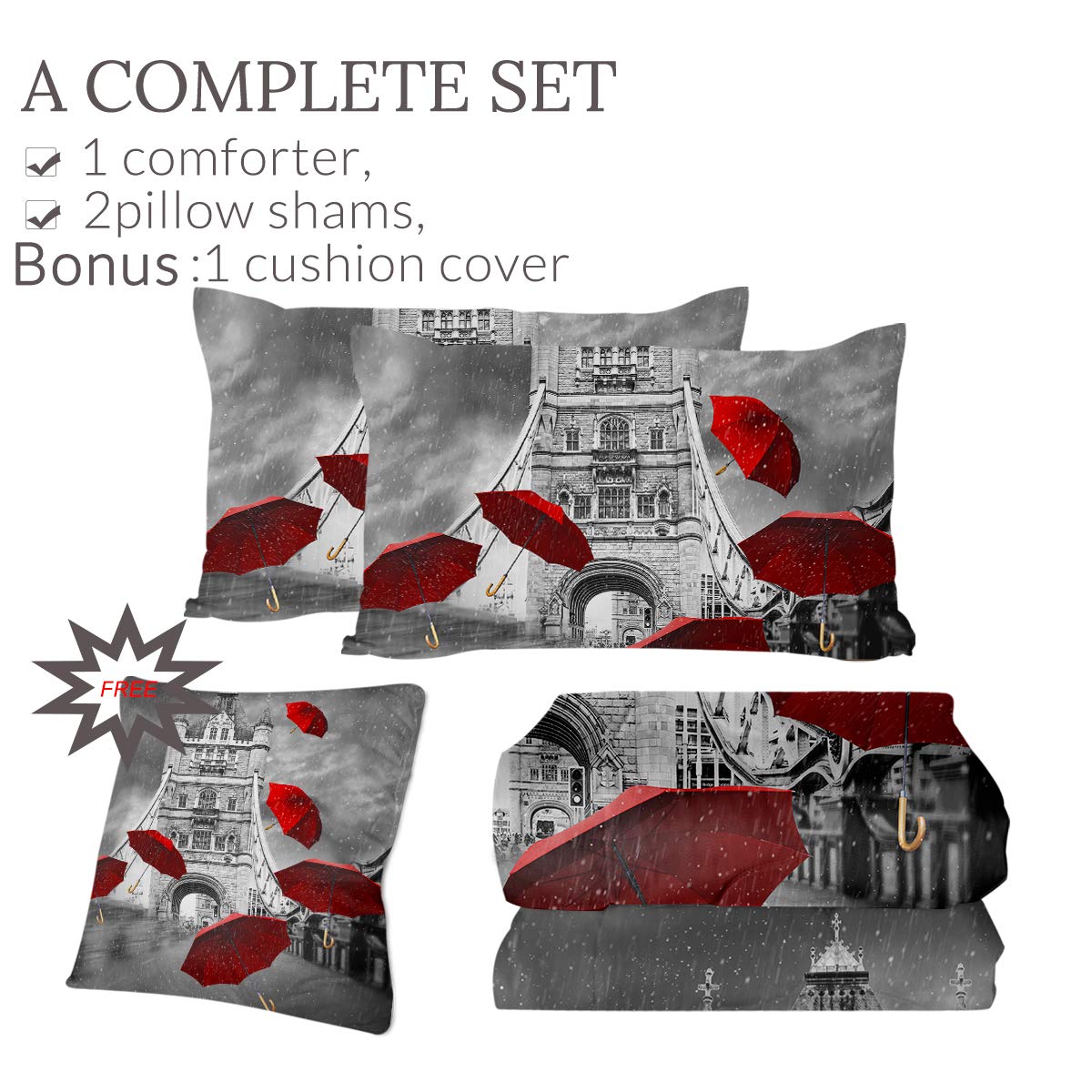 Sleepwish Paris Themed Comforter Set - King Size 4-Piece Bedding with Eiffel Tower & 3D Rainy Street Print (Black/White/Red Umbrellas) | Romantic Bedroom Decor for Couples & French Theme Rooms