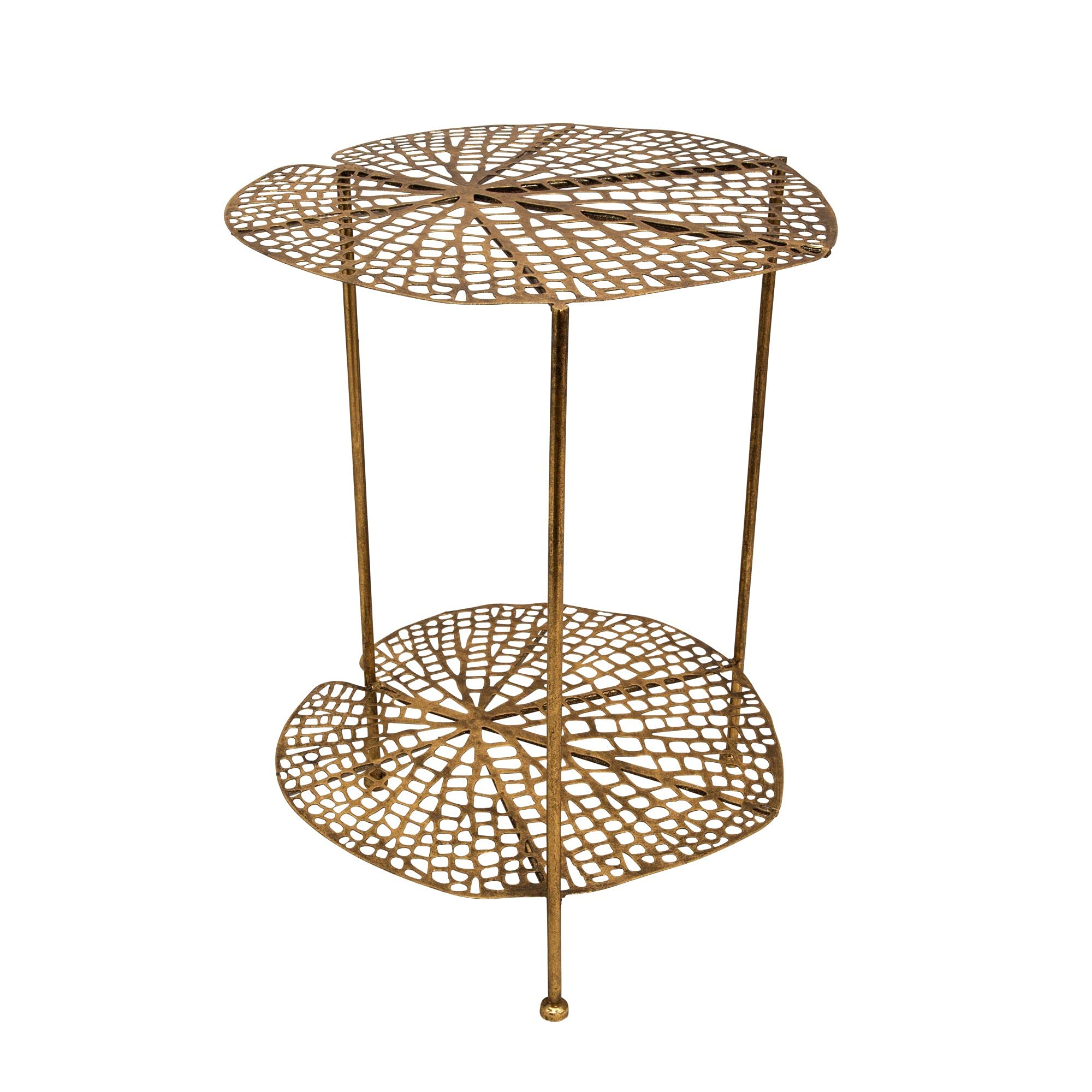 Kingston Living 22 Inch Gold Lotus Leaf Two Tier Round Accent Table - Elegant Side Table for Living Room, Bedroom or Patio Decor
