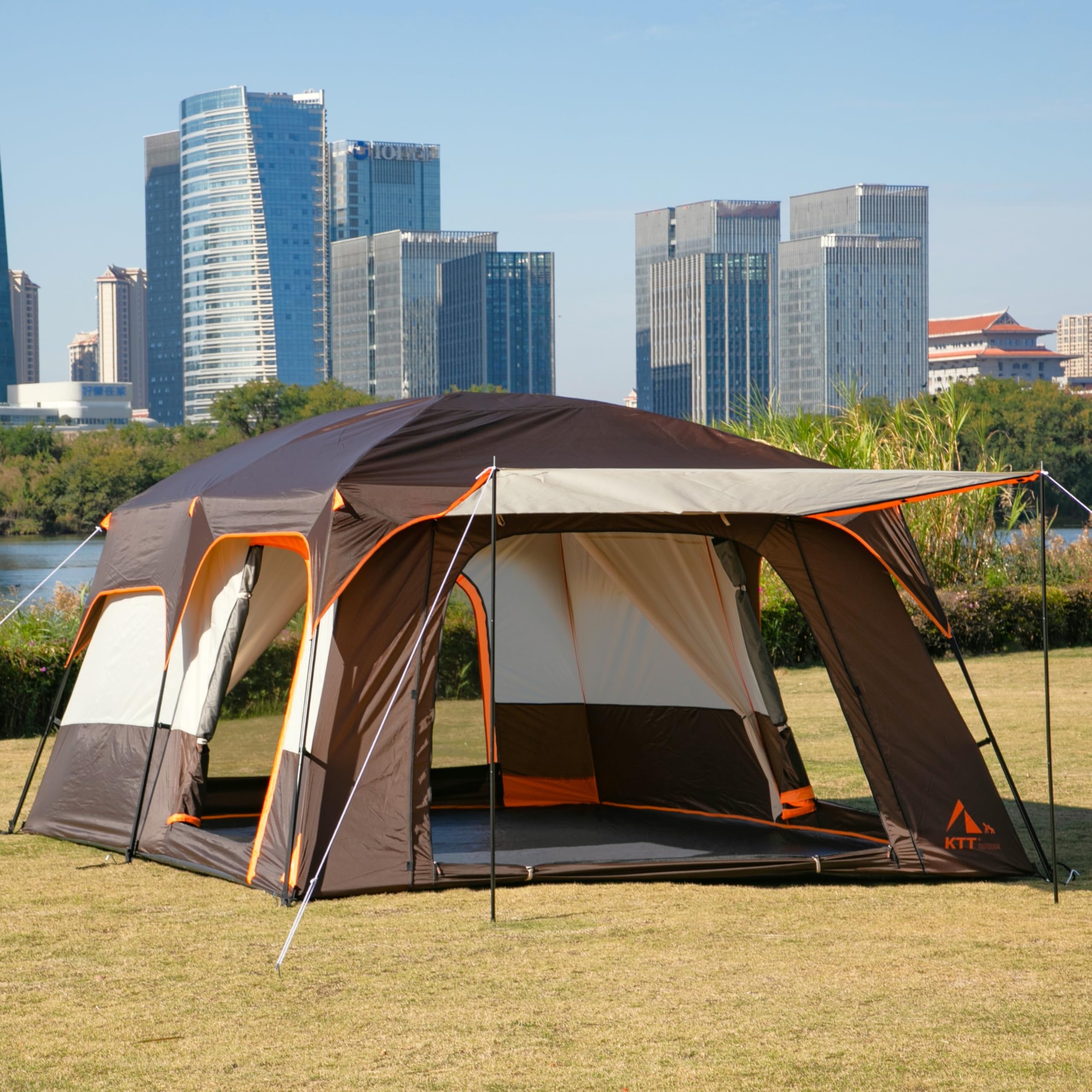 KTT Extra Large Family Cabin Tent for 10-14 People - 2 Rooms, 3 Doors & 3 Mesh Windows, Waterproof Double Layer Straight Wall Design - Perfect for Camping, Picnics, Family Gatherings & Outdoor Adventures