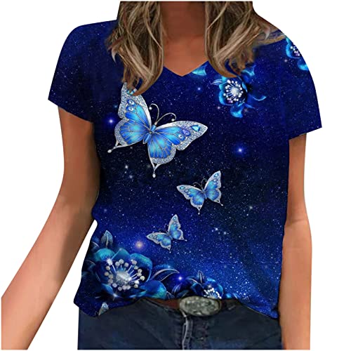 Women's Summer Short Sleeve Butterfly Print T-Shirts | Colorful Floral Crew Neck Loose Fit Comfortable Blouse | Perfect for Casual Wear, Beach Outings & Vacation