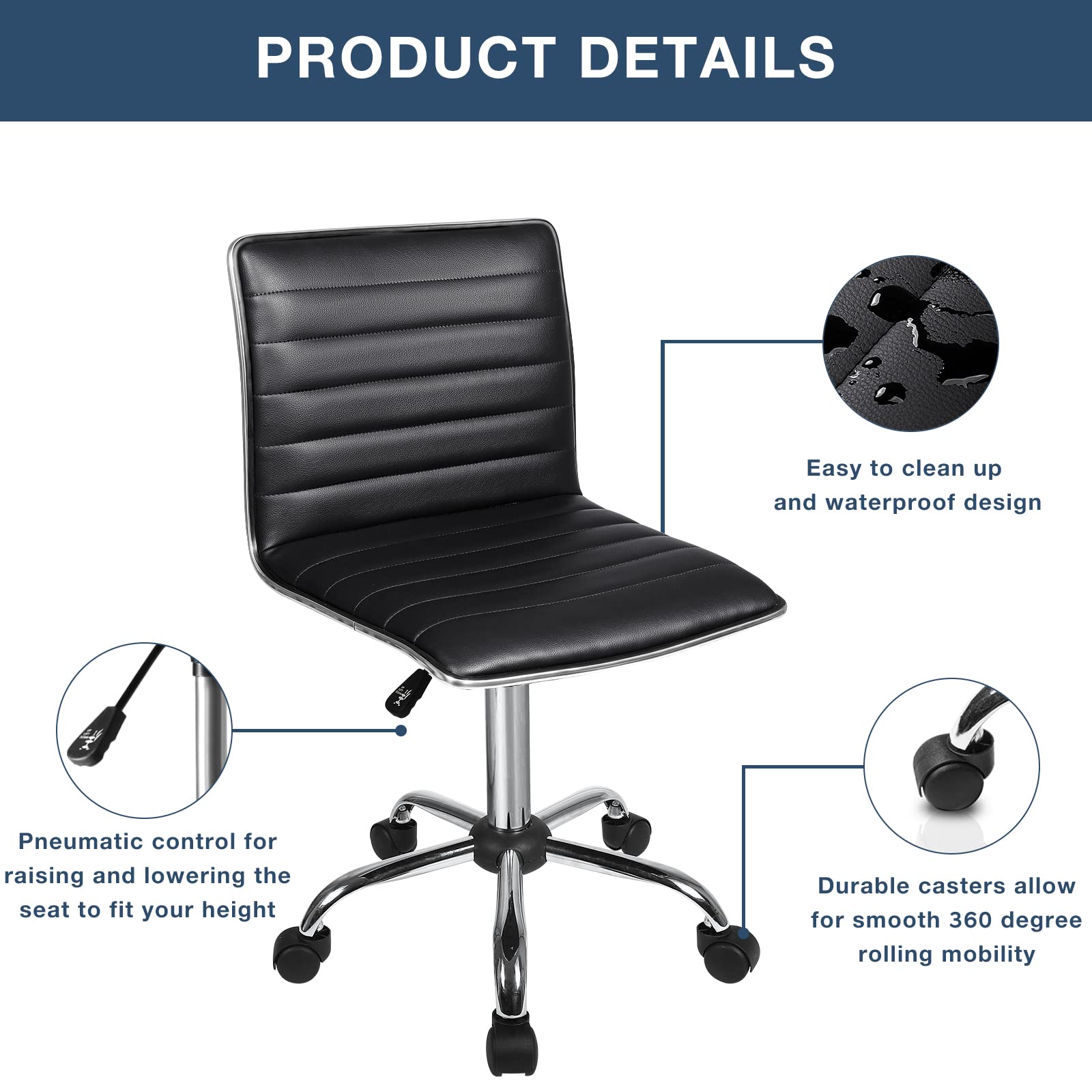 BOSSIN Adjustable Home Office Chair - Mid Back Armless Swivel Task Chair with Ribbed Design, Compact Vanity Chair for Small Spaces, Living Room, Makeup, Studying - Perfect for Home Office, Dorm Room & Beauty Station (Black)