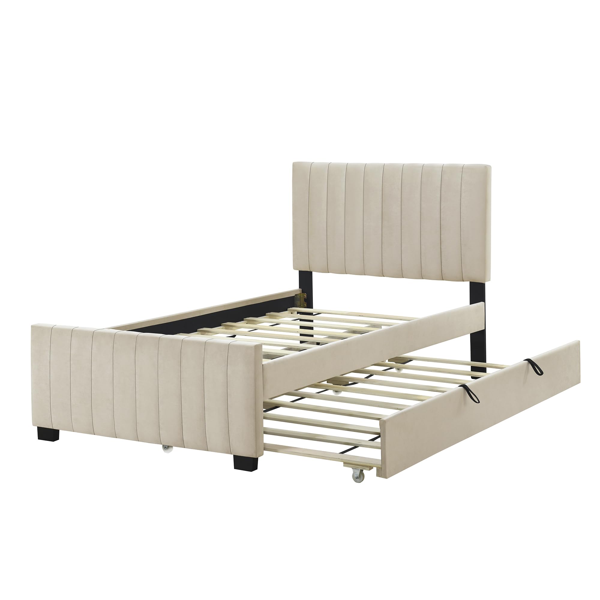 P PURLOVE Velvet Upholstered Twin Size Platform Bed Frame with Headboard & Trundle - No Box Spring Needed, Easy Assembly, Beige - Perfect for Small Bedrooms, Guest Rooms & Kids' Rooms