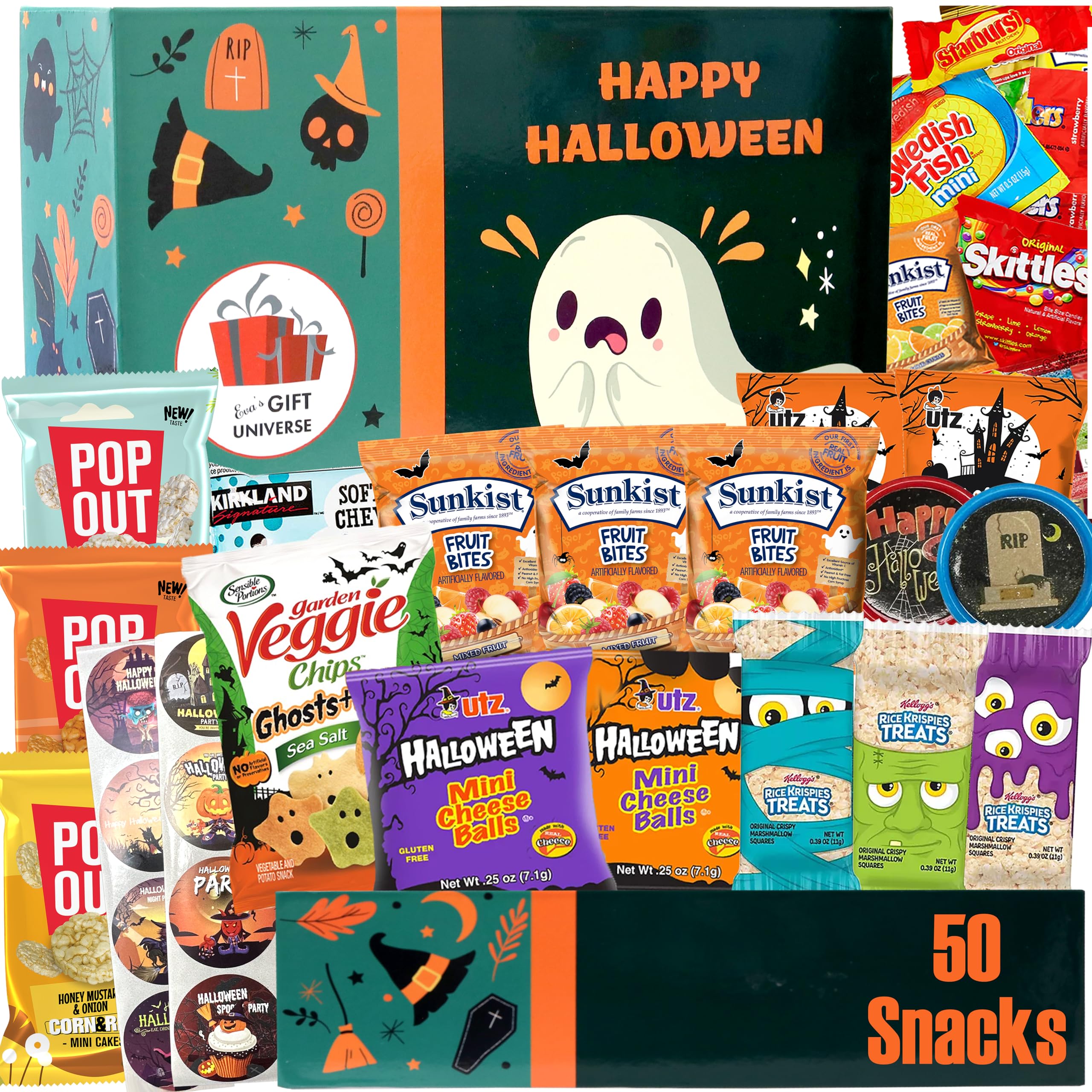 **Halloween Snacks Green Box (50 Count) – Assorted Cookies & Candy Care Package for Students, Friends, Family, Couples – Perfect Gift Basket for Parties, Trick-or-Treating & Office Celebrations**