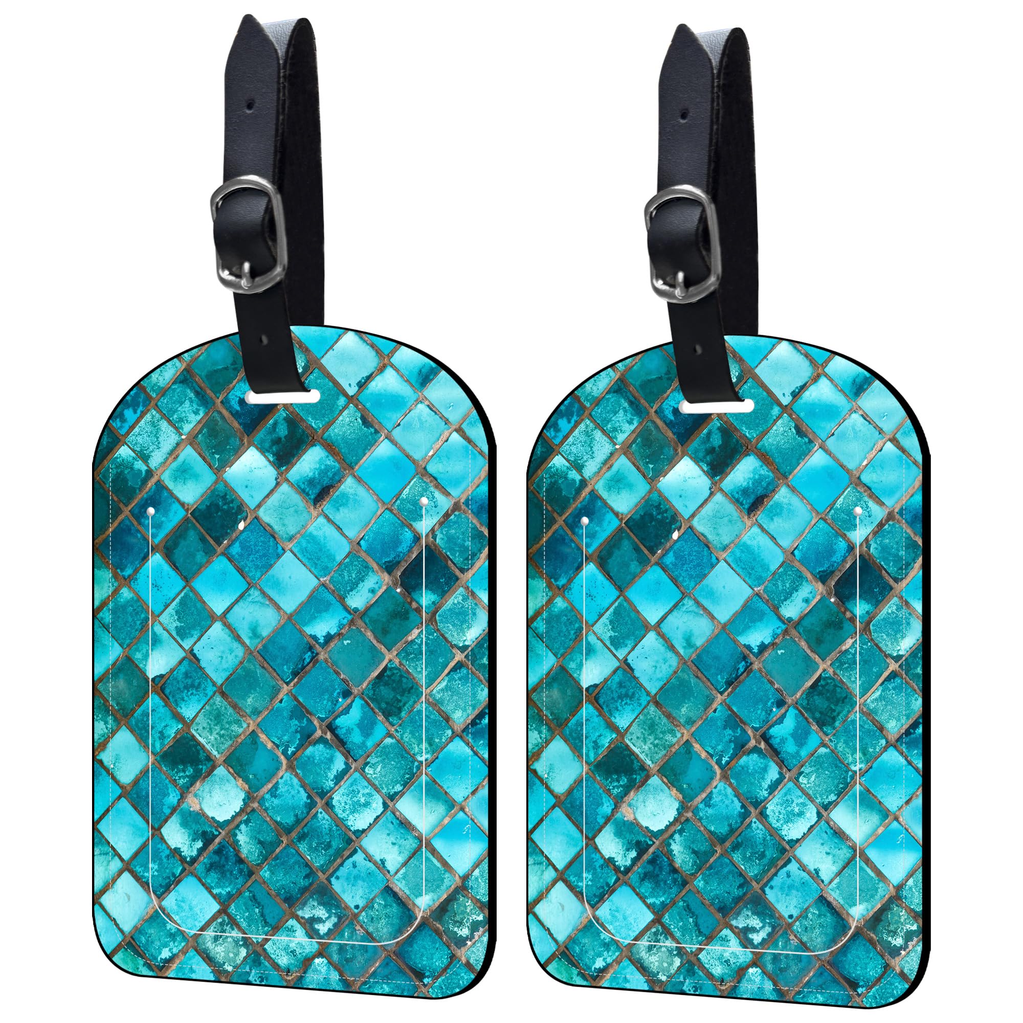 2 Pack Turquoise Mosaic PU Leather Luggage Tags with Secure Strap & Privacy Cover - Durable ID Labels for Suitcase, Handbag & Travel Bags | Perfect for Business Trips, Vacations & Airport Identification