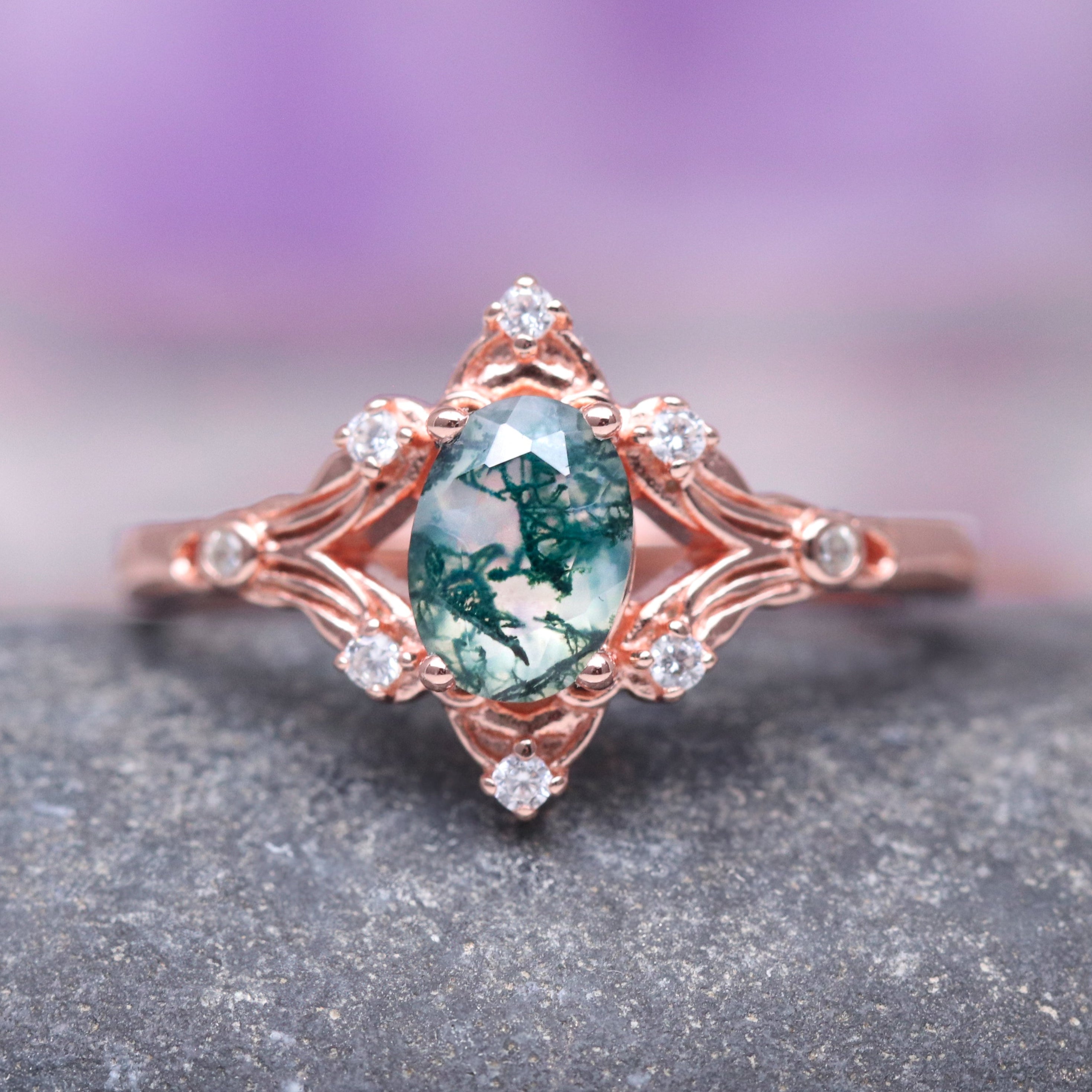 14K Solid Rose Gold Maeve Green Moss Agate Ring – Elegant Gemstone Jewelry for Women, Perfect for Weddings, Anniversaries & Everyday Wear