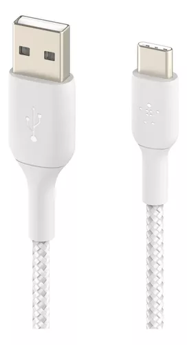 Belkin Braided USB-C to USB-A Cable 6.6ft (2M) White - Fast Charging & Data Sync for iPhone, Android, MacBook, PC & More
