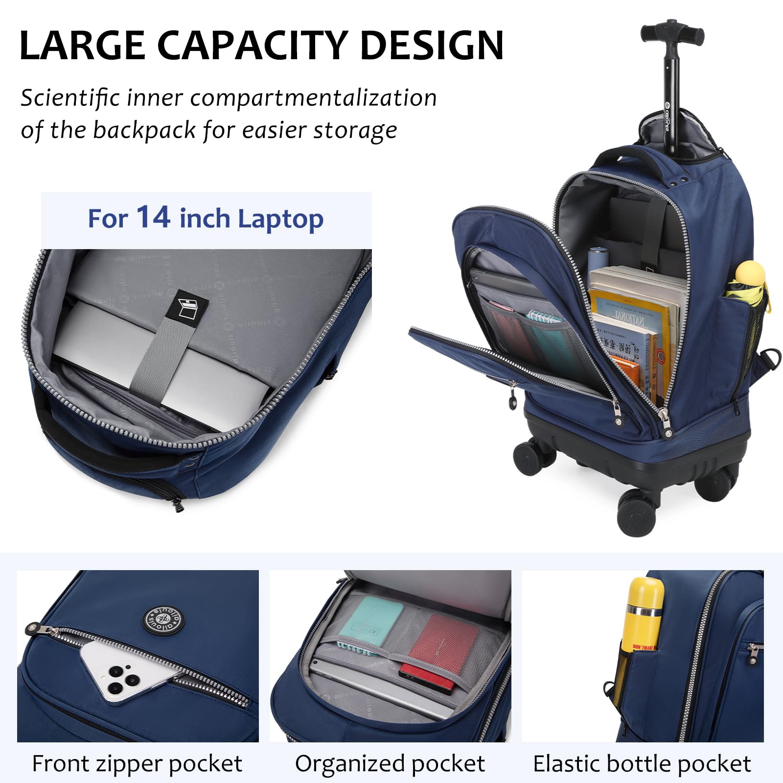 18 Inch Rolling Backpack with Detachable Wheels - Wheeled Laptop Backpack for Travel, School & Work - Carry On Luggage for Men & Women - Perfect for Airplane, Commuting & Business Trips