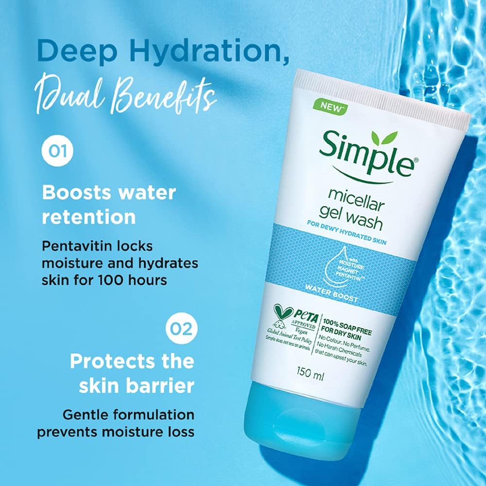 Simple Water Boost Micellar Face Wash 150ml - Soap-Free Gentle Cleanser for Normal to Dry Skin | Hydrating Facial Cleanser for Women & Men | Perfect for Daily Skincare Routine & Makeup Removal