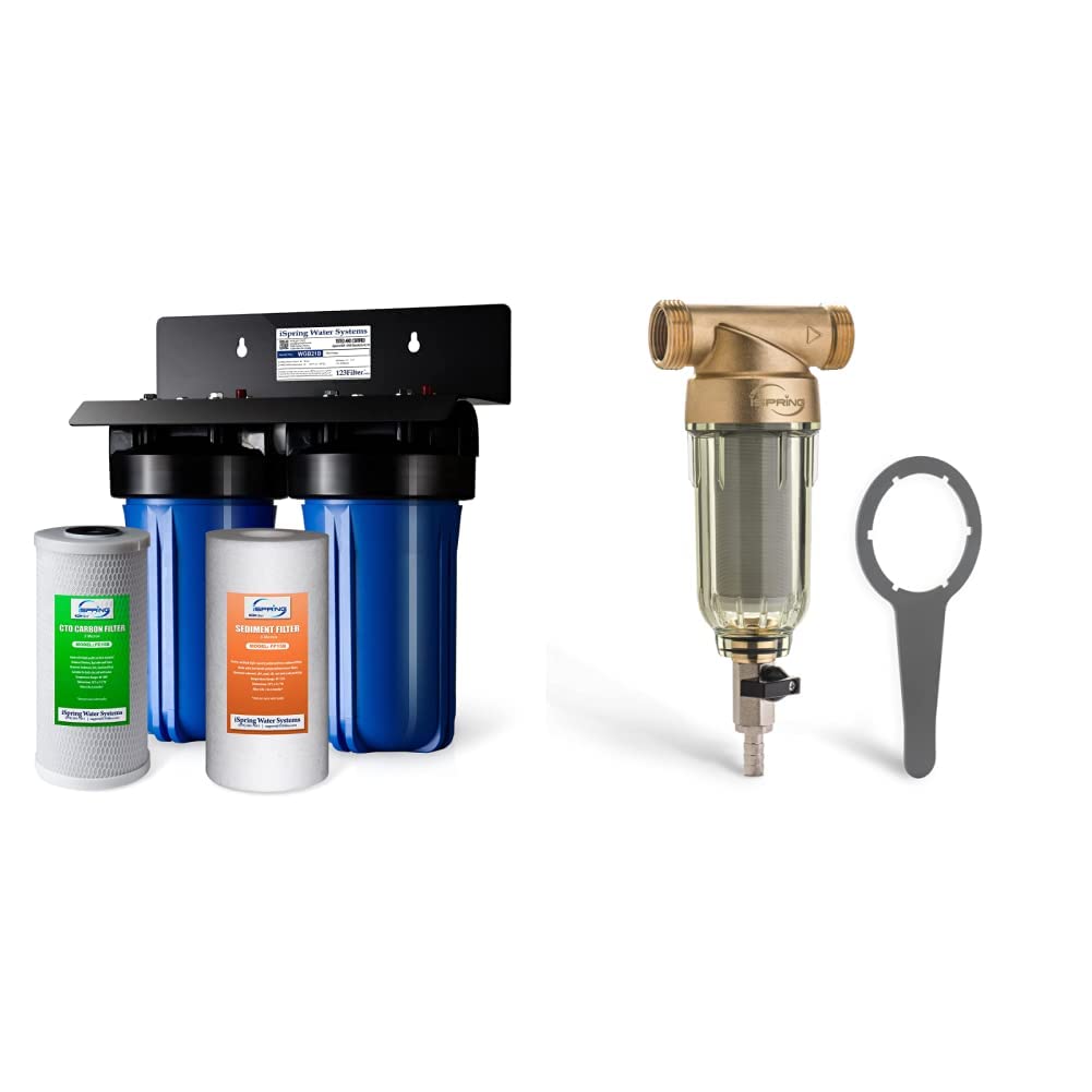 iSpring WGB21B 2-Stage Whole House Water Filtration System with WSP50 Reusable Spin Down Sediment Filter - 50 Micron, 1