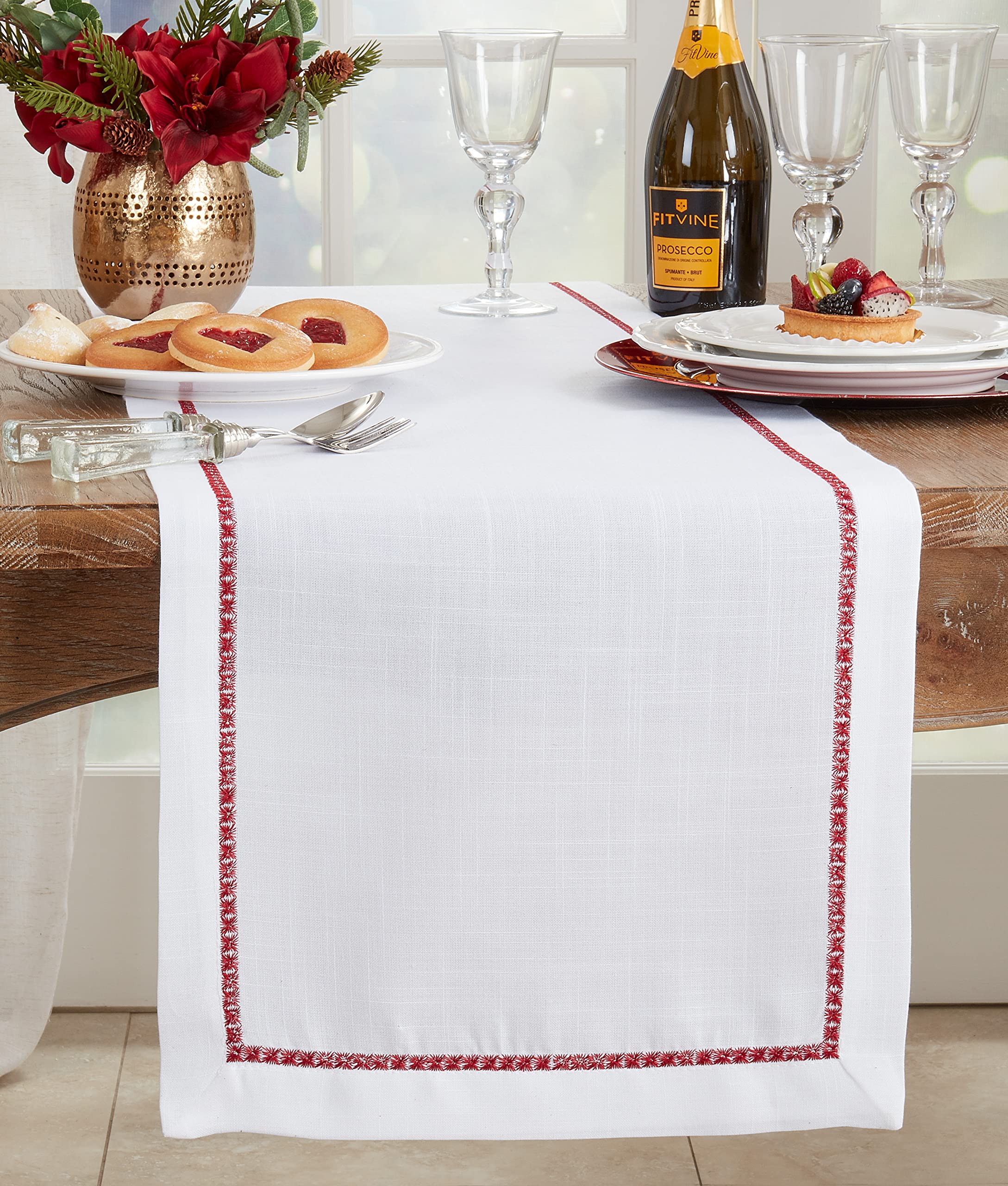 Elegant Embroidered Border Table Runner - Handcrafted Cotton Linen Table Decor for Dining Room, Wedding, and Holiday Parties