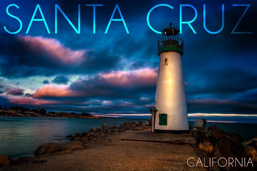 Santa Cruz California Lighthouse & Night Sky Wall Art Poster - 12x18 Inches - Coastal Decor for Living Room, Bedroom, Office