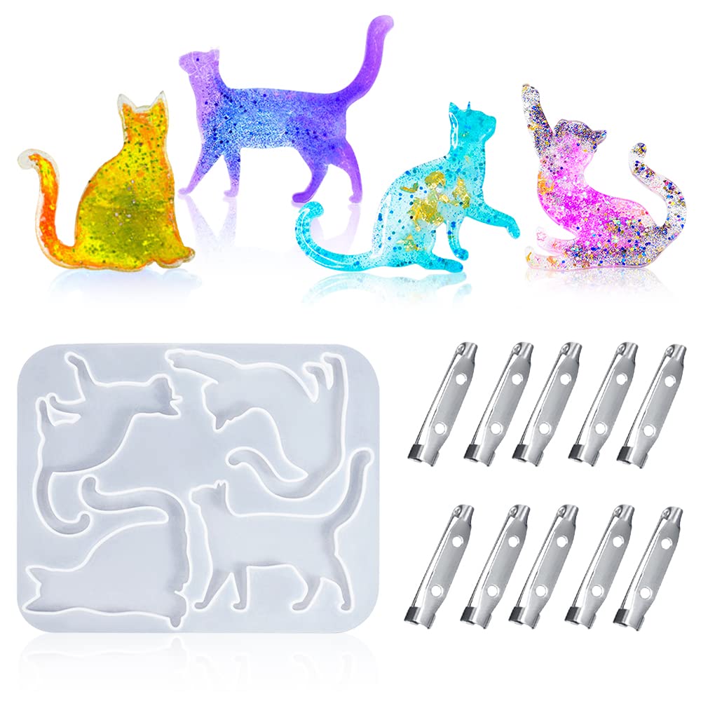 Premium Cat Resin Molds for DIY Jewelry Making - 10pcs Epoxy Animal Silicone Molds with Brooch Pins - Perfect for Handmade Pendants, Charms & Craft Projects - Great for Gifts, Home Decor & Creative DIY Crafts