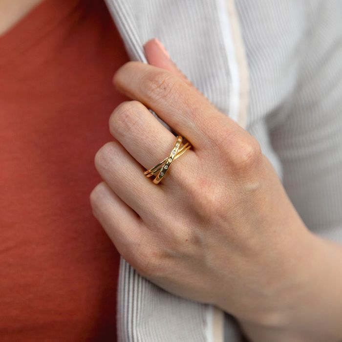 14K Gold Plated Sterling Silver Diamond Crossover Ring with 7 Genuine Diamonds - Elegant Jewelry for Women, Perfect for Weddings, Anniversaries & Gifts