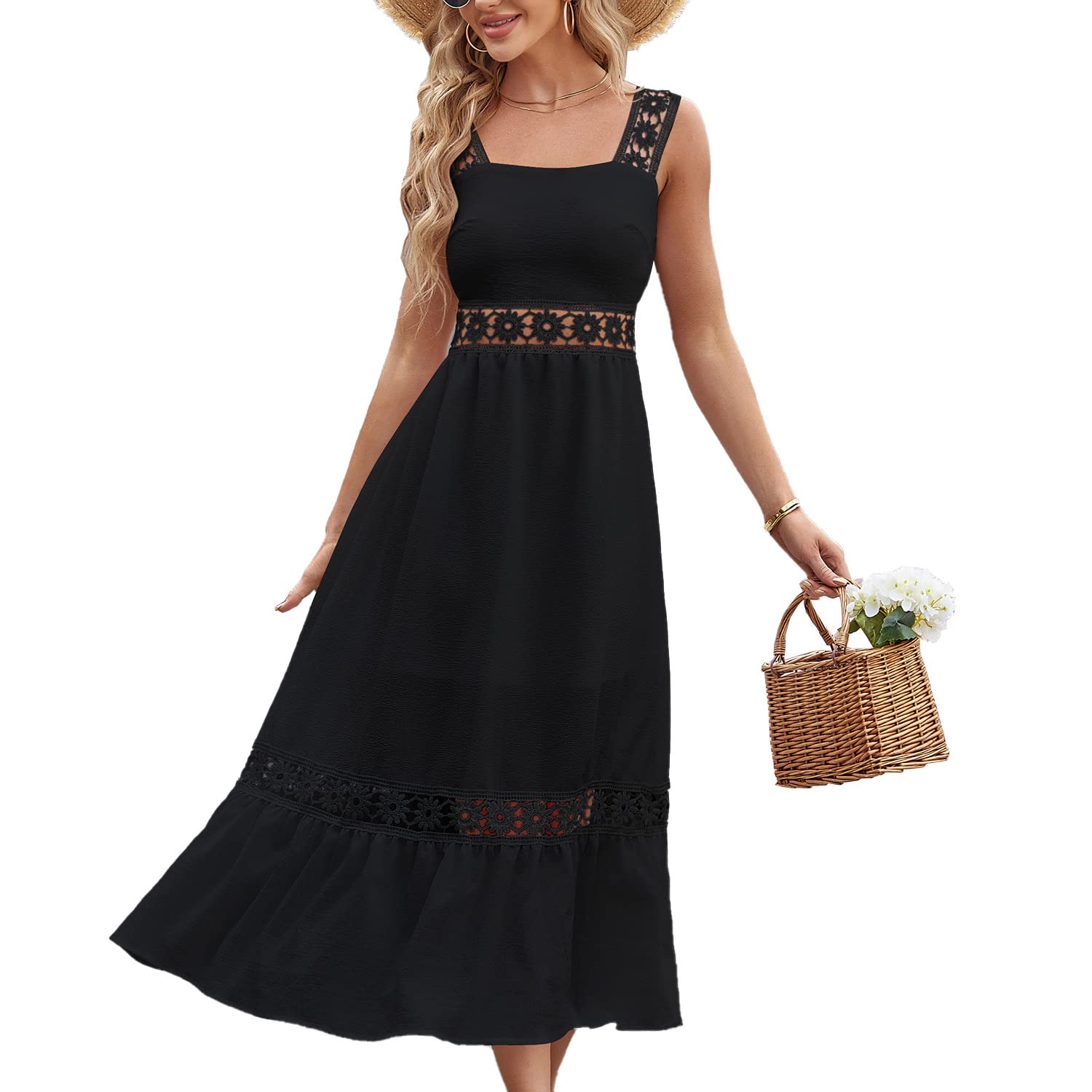 Women's Bohemian White Summer Dress - Sleeveless Lace Backless Tank Long Dress, Elegant & Fresh Slim Strap - Perfect for Beach Vacations, Weddings & Summer Parties