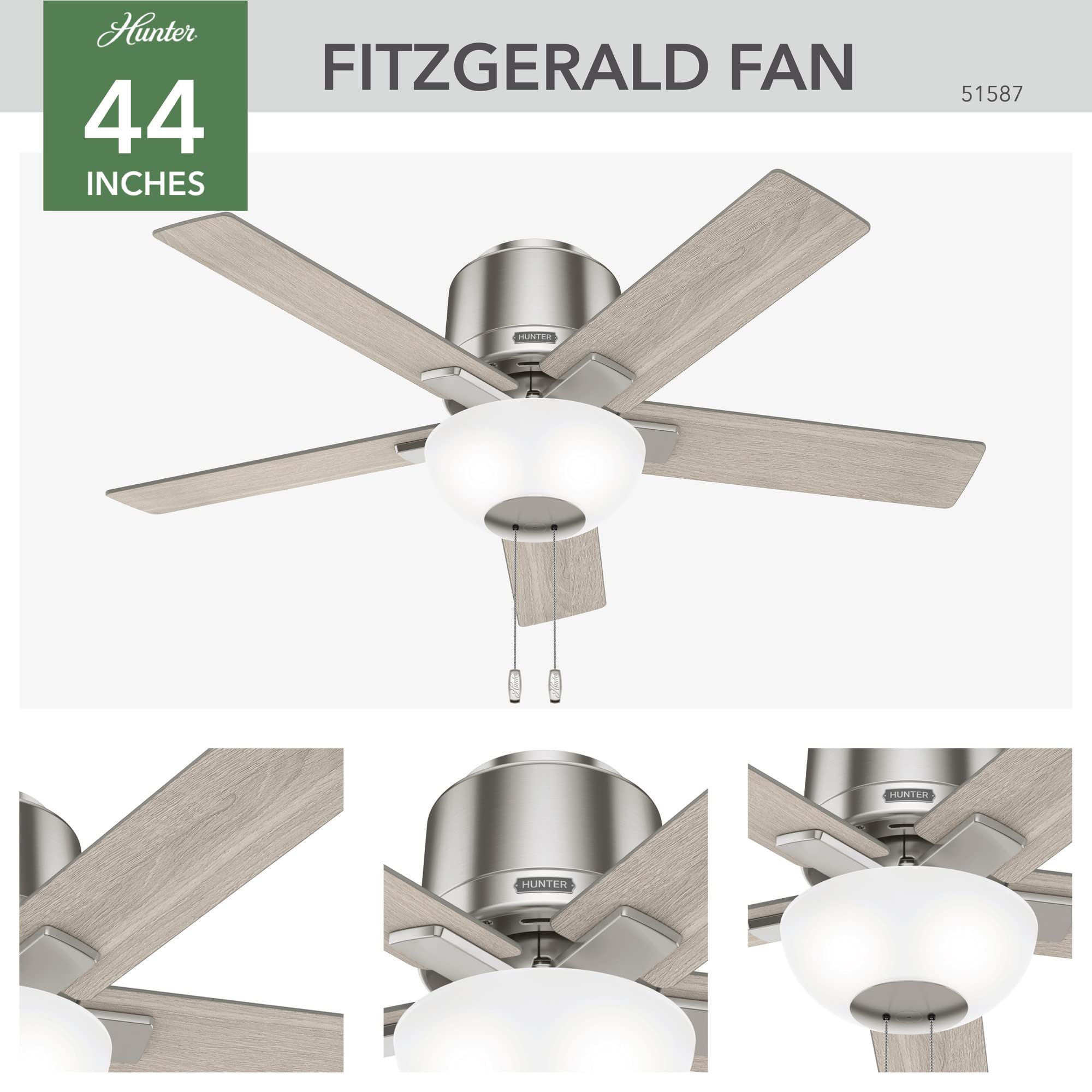 Hunter Fan Company 51587 Fitzgerald 44-Inch Indoor/Outdoor Ceiling Fan with LED Light Kit, Brushed Nickel Finish - Perfect for Bedroom, Living Room, Patio & Covered Porch