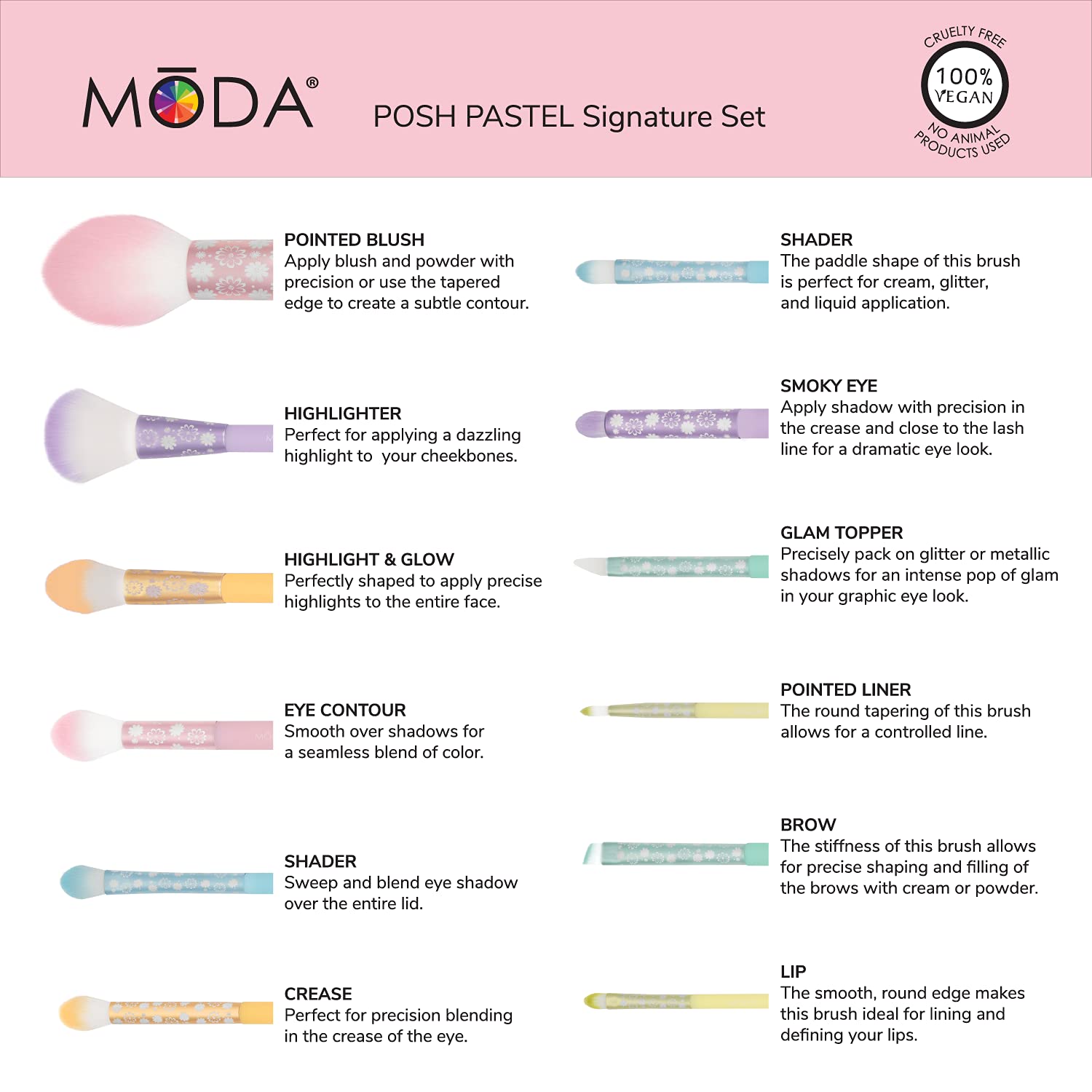 MODA Posh Pastel 12-Piece Professional Makeup Brush Set - Blush, Highlighter, Eyeshadow, Crease, Brow & Lip Brushes for Flawless Makeup Application | Perfect for Travel, Bridal & Everyday Beauty Routine