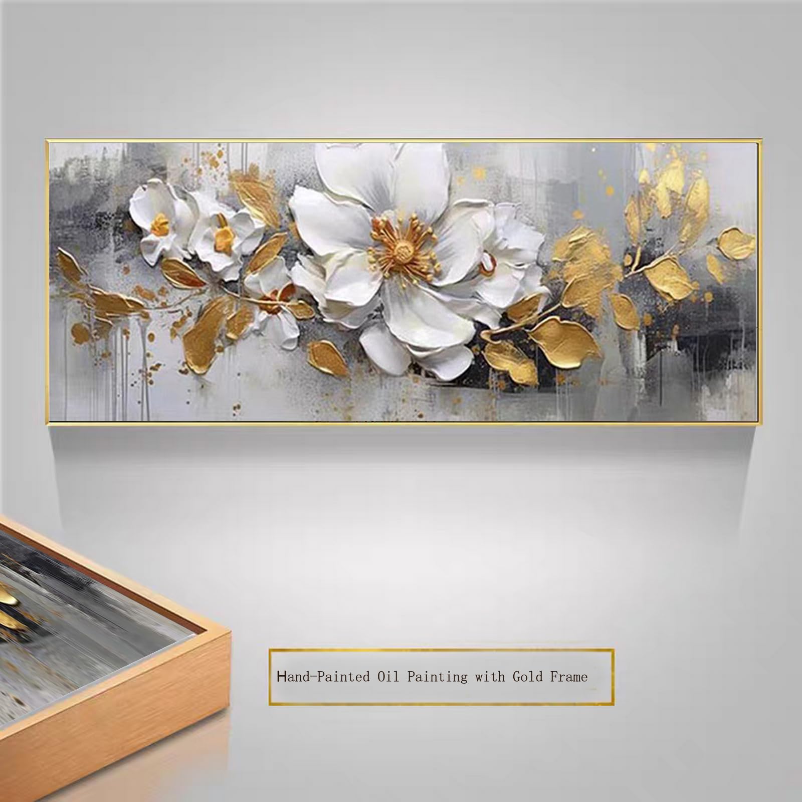 Hand Painted White Flower Golden Leaf Floral Oil Painting on Canvas - Large 24x56 Inch Framed Wall Art for Living Room, Bedroom, Office & Kitchen Decor | Perfect for Home, Office & Restaurant Wall Decoration