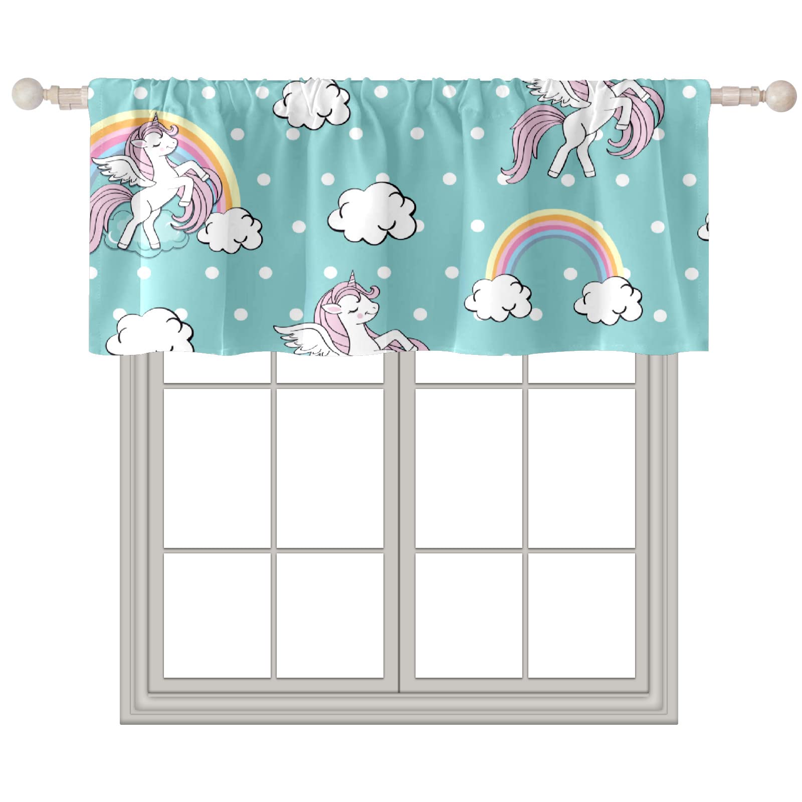 18x52 Inch Rainbow Unicorn Green Polka Dot Curtain Valances - Rod Pocket Window Toppers for Living Room, Kitchen & Bedroom - Short Window Treatments for Home Decor & Light Filtering