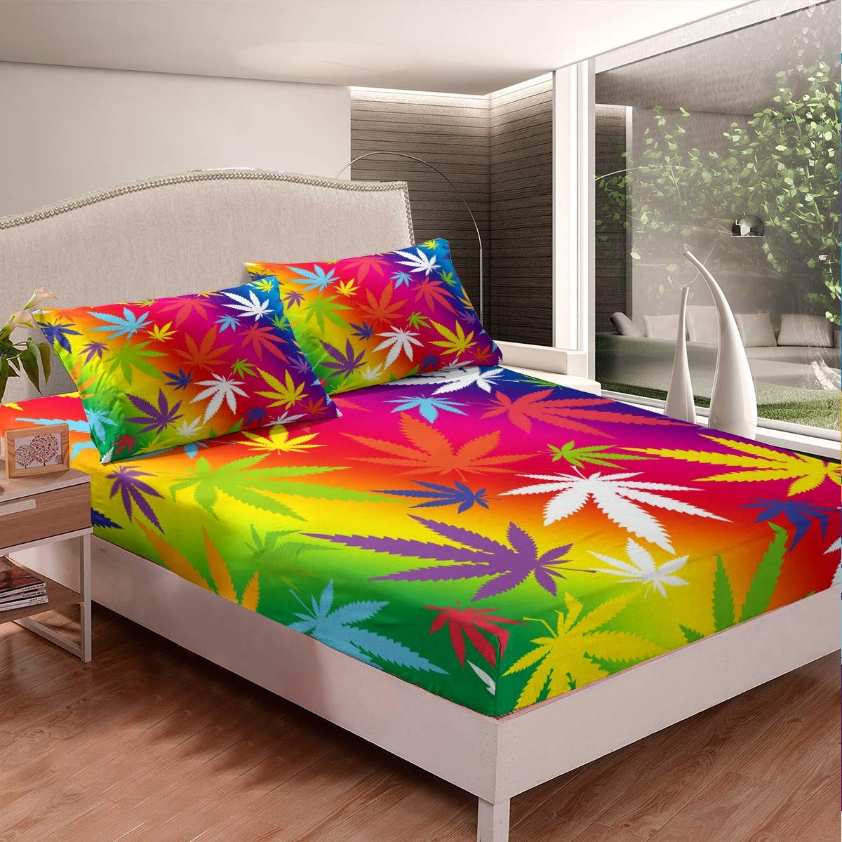 Feelyou Marijuana Leaf Bed Sheet Set - Cannabis Leaves Printed Rainbow Weed Green Plants Bedding - Hemp Fitted Sheet & Pillowcases - 3Pcs Full Size Colorful Marijuana Decor for Bohemian & Hippie Bedroom Style